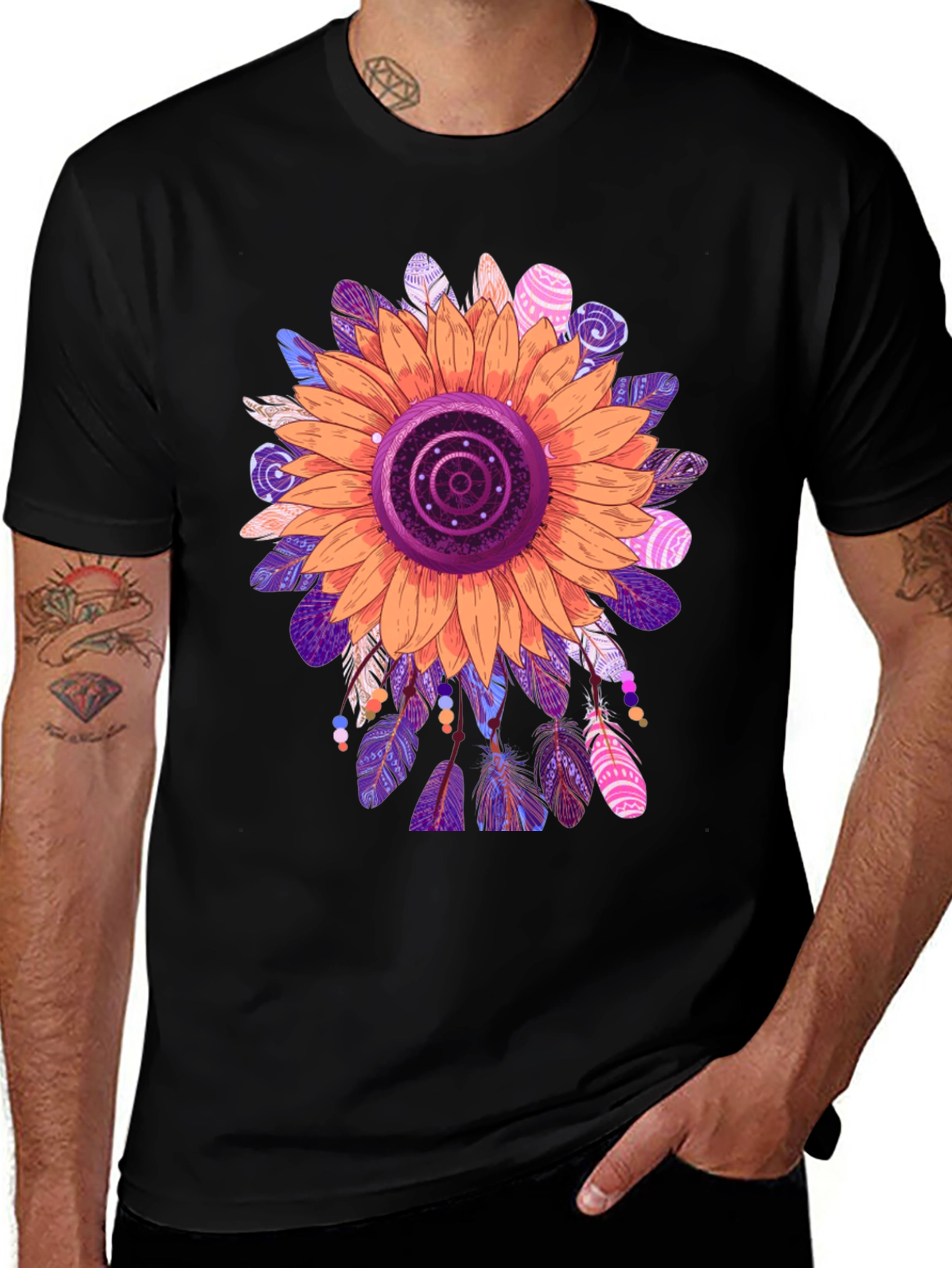 Variant 25 of Sunflower Feather Print Black T-Shirt