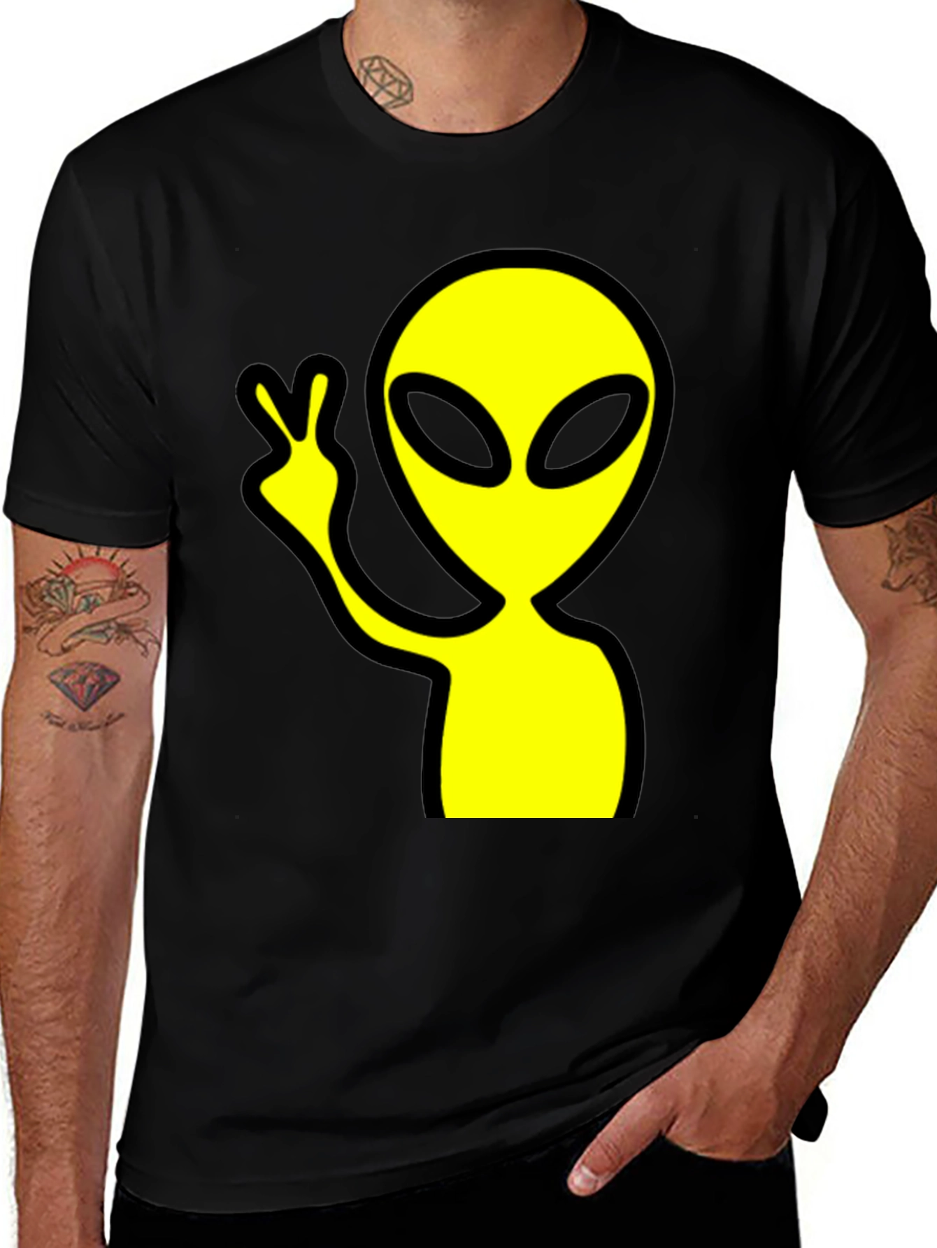 Variant 20 of Alien Peace Sign Graphic Tee - Black Cotton T-Shirt