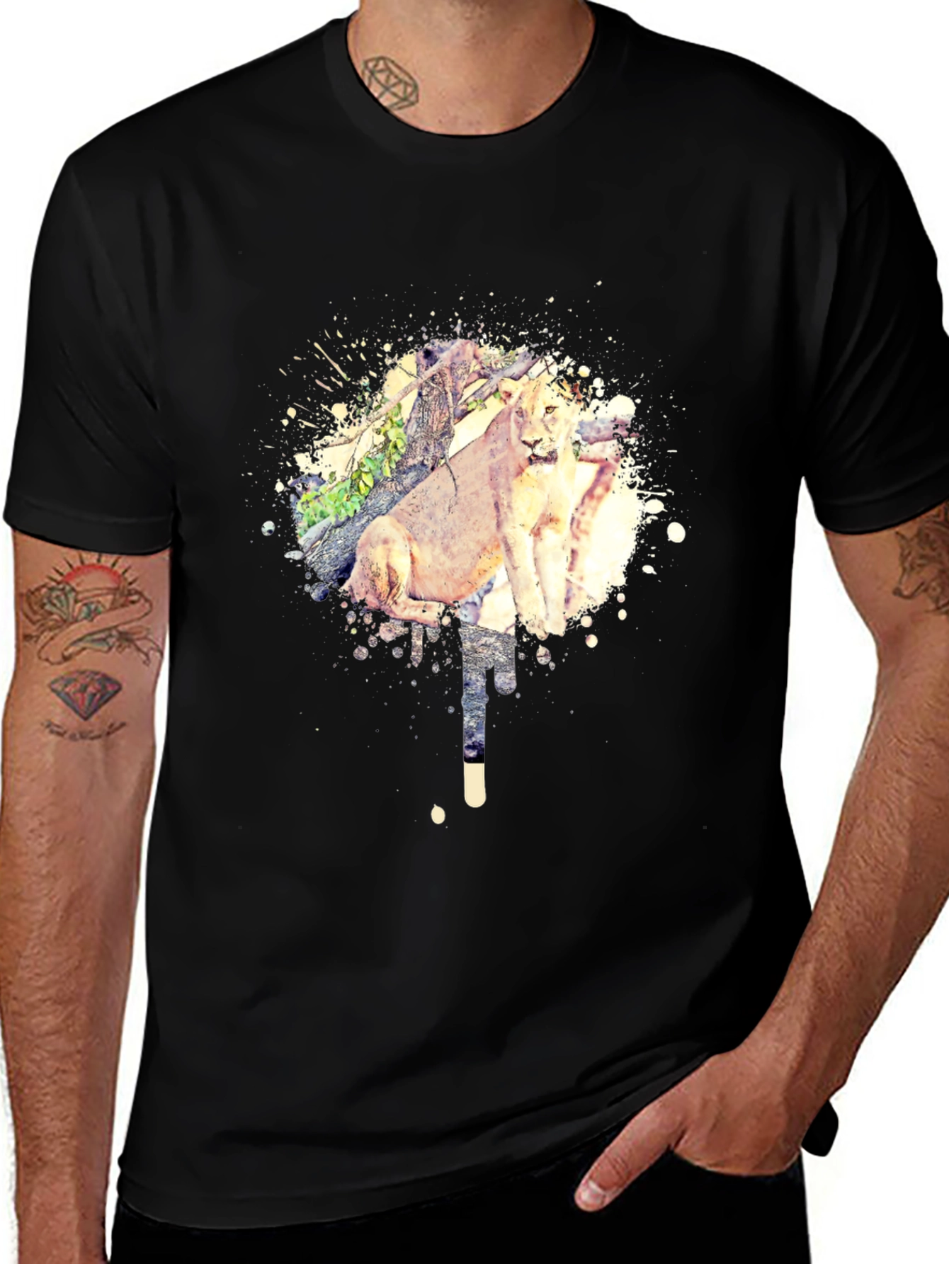 Variant 21 of Lion Watercolor Graphic Tee - Men's Black T-Shirt