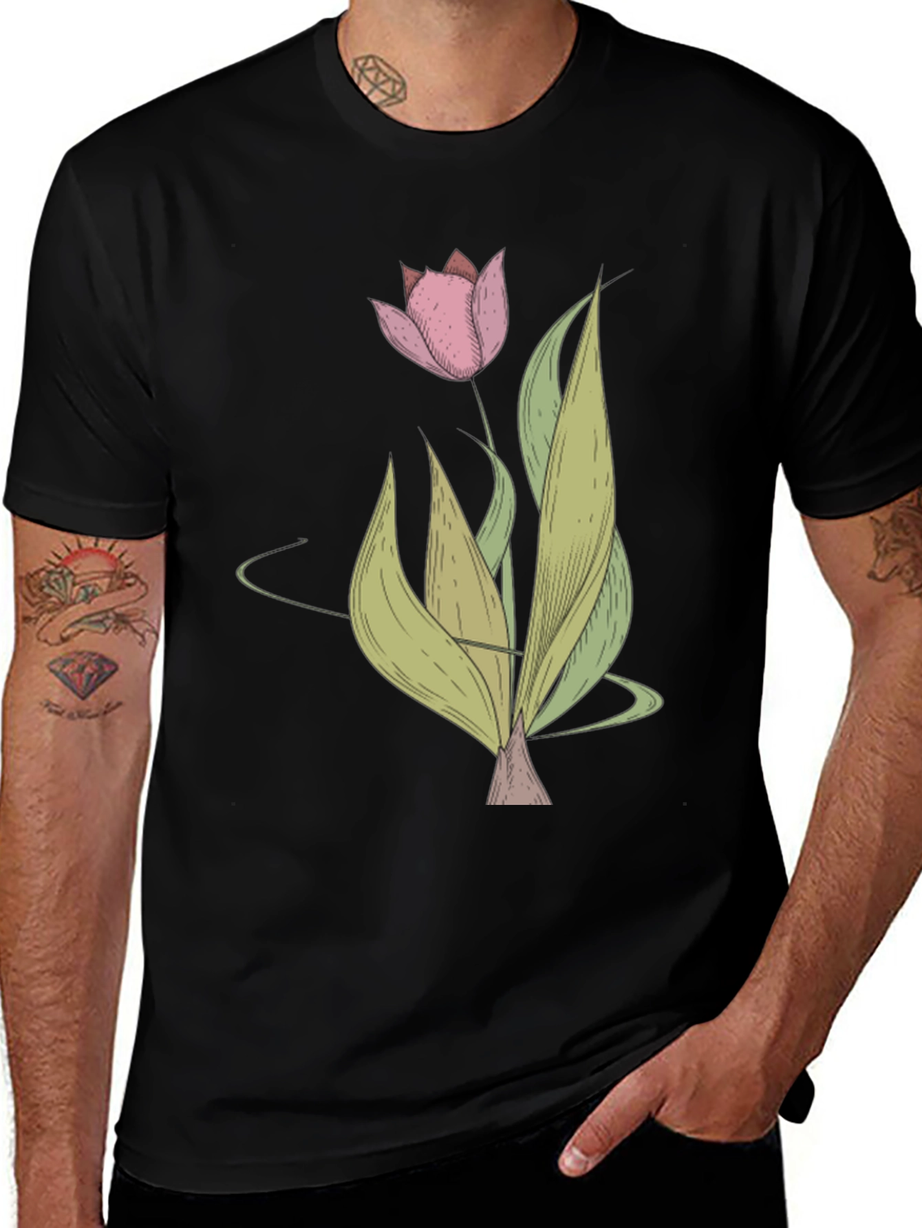 Variant 2 of Tulip Graphic Black T-Shirt - Stylish Floral Tee