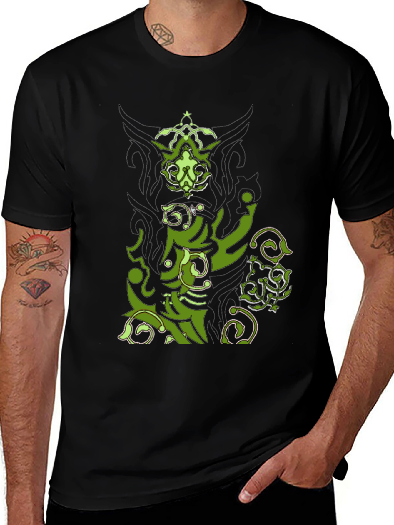Variant 10 of Graphic Print Tee - Unique Green Design on Black Cotton