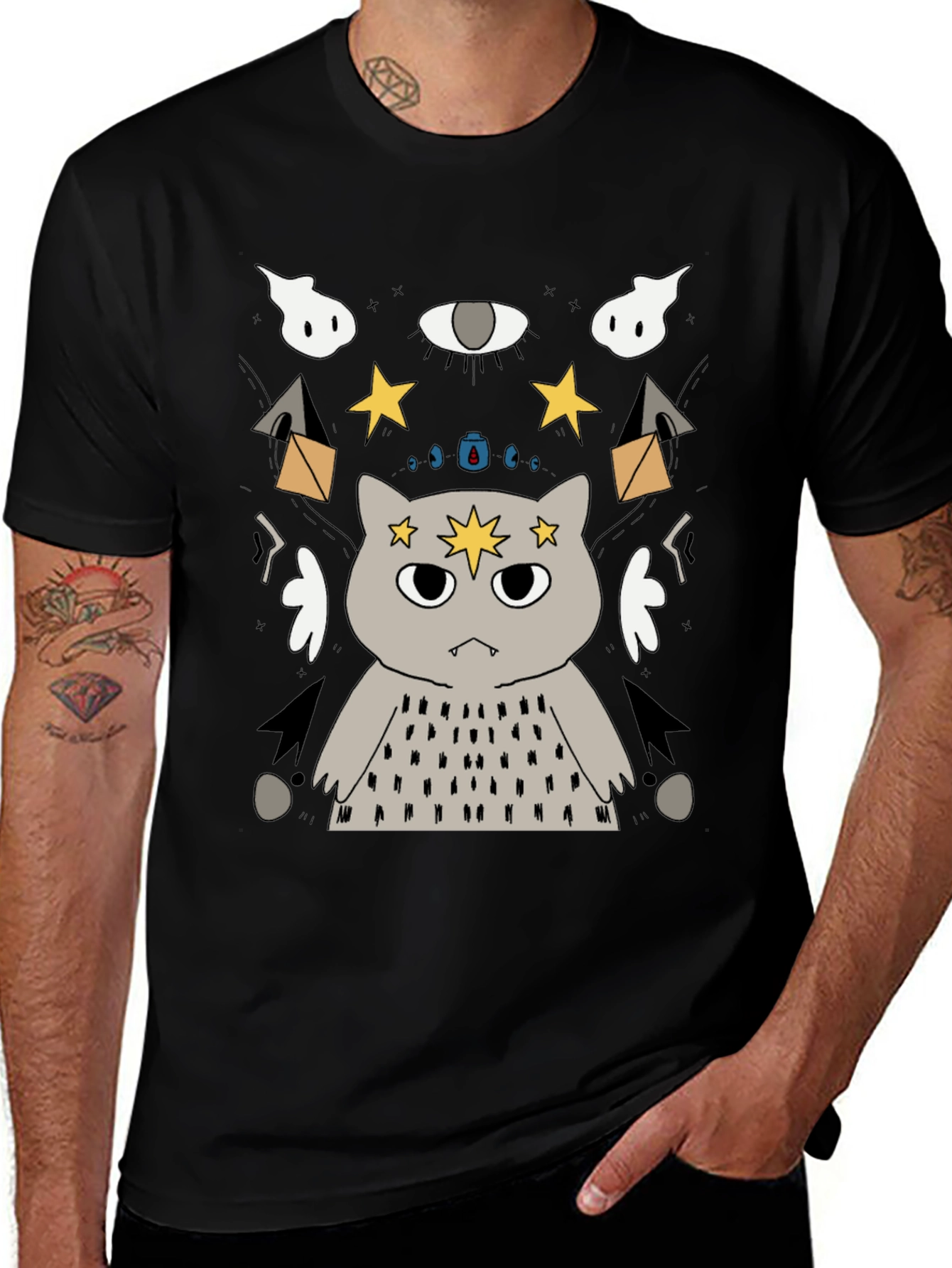 Variant 8 of Mystical Cat Graphic T-Shirt - Unisex Black Tee