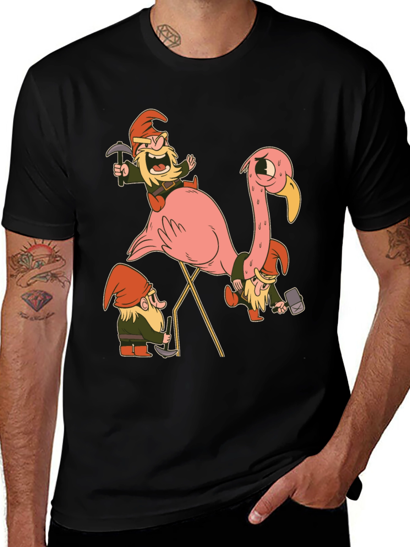 Variant 18 of Gnomes Riding Flamingo Black T-Shirt