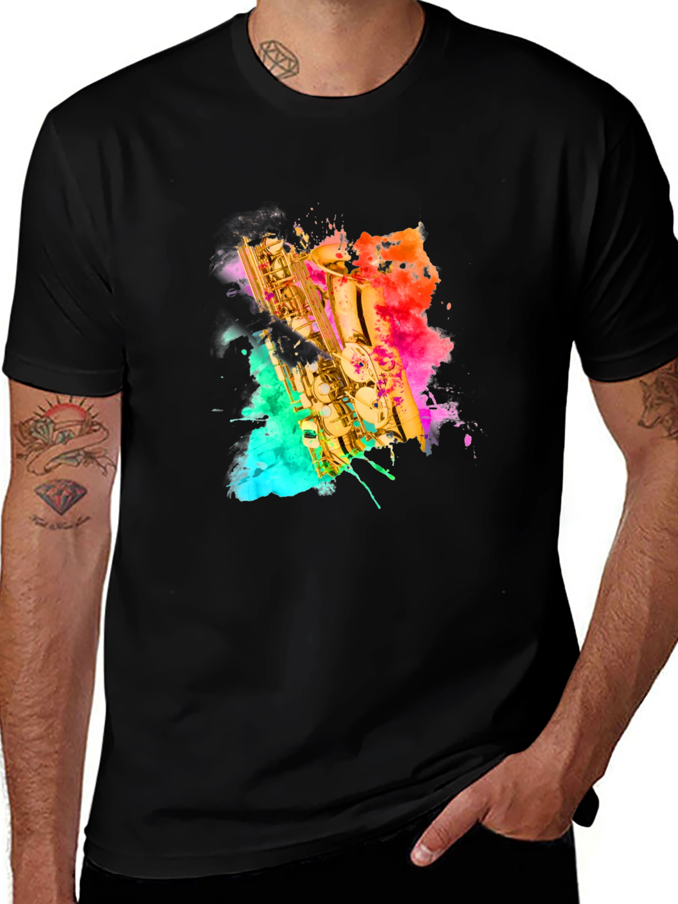 Variant 16 of Watercolor Saxophone Graphic Tee - Black Casual T-Shirt