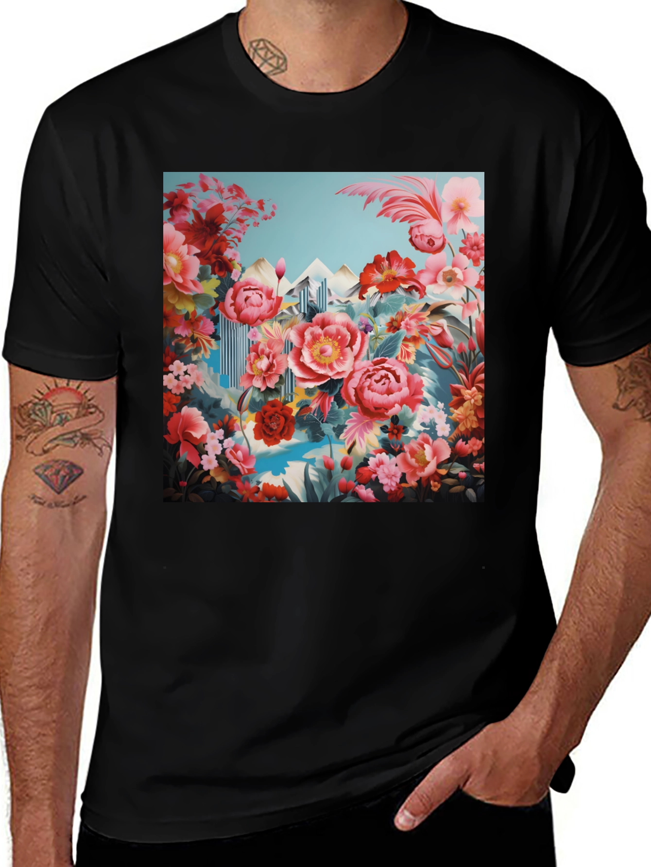 Variant 14 of Floral Landscape Print Black T-Shirt
