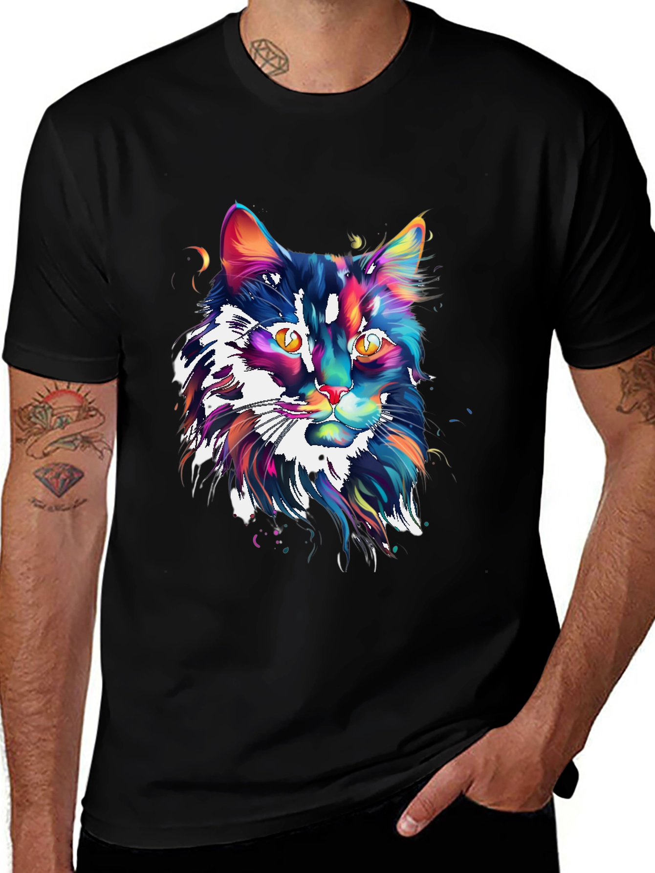 Variant 6 of Colorful Cat Graphic Black T-Shirt