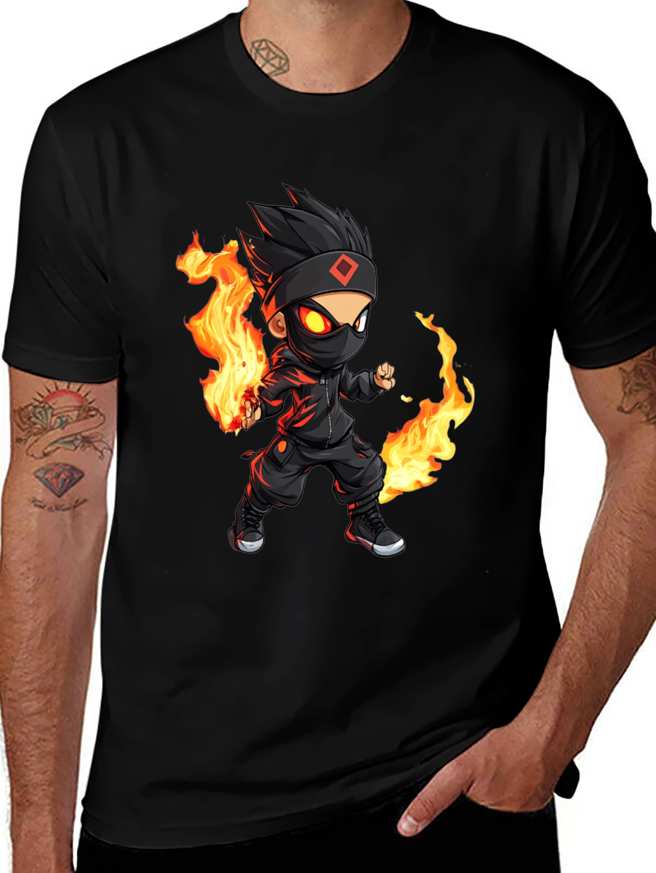 Variant 20 of Fiery Ninja Graphic Tee - Black Cotton T-Shirt