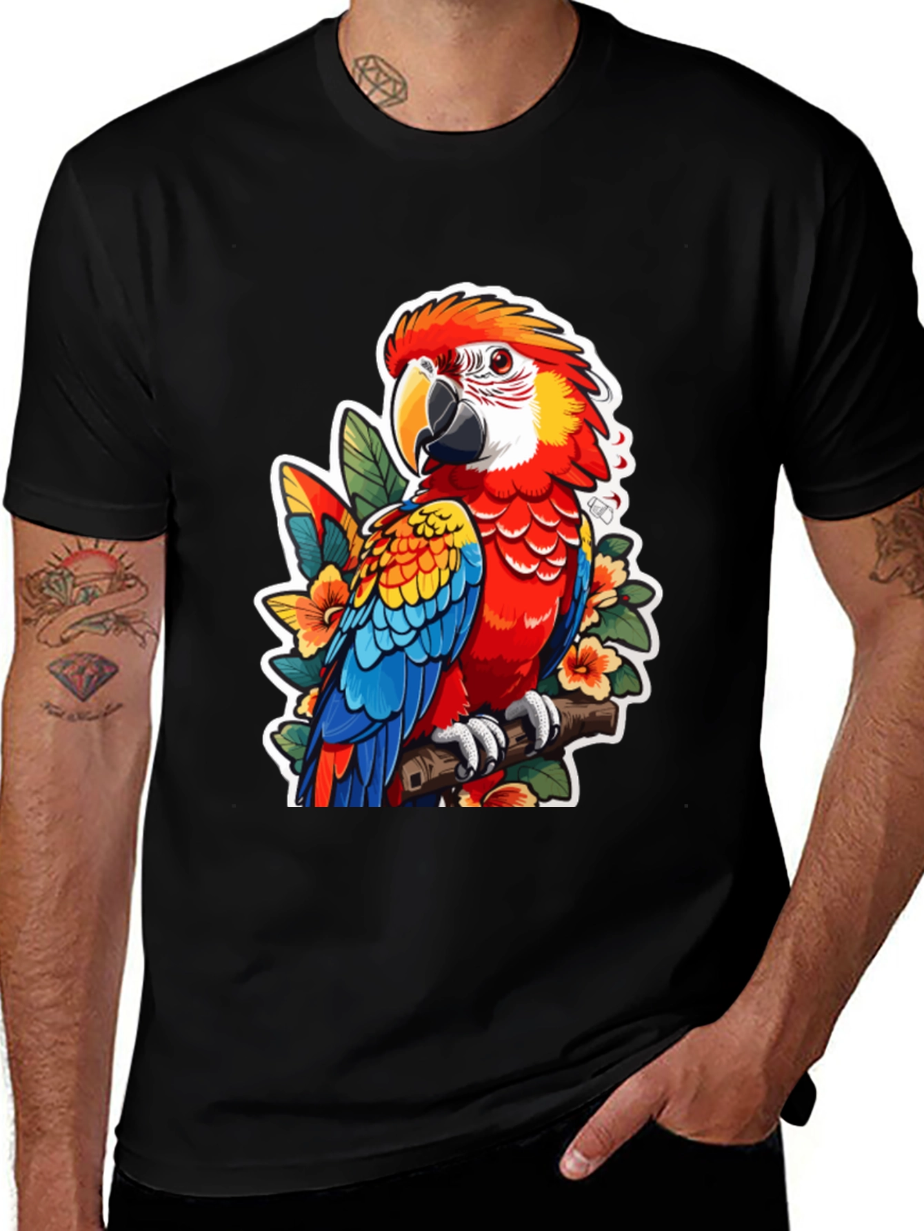 Variant 13 of Tropical Parrot Graphic Tee - Men's Black T-Shirt