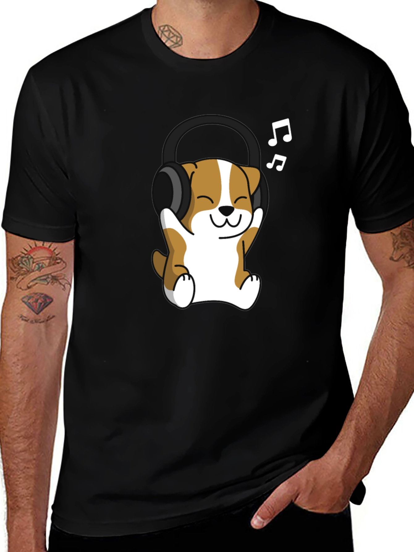 Black Cute Dog with Headphones Black T-Shirt main image