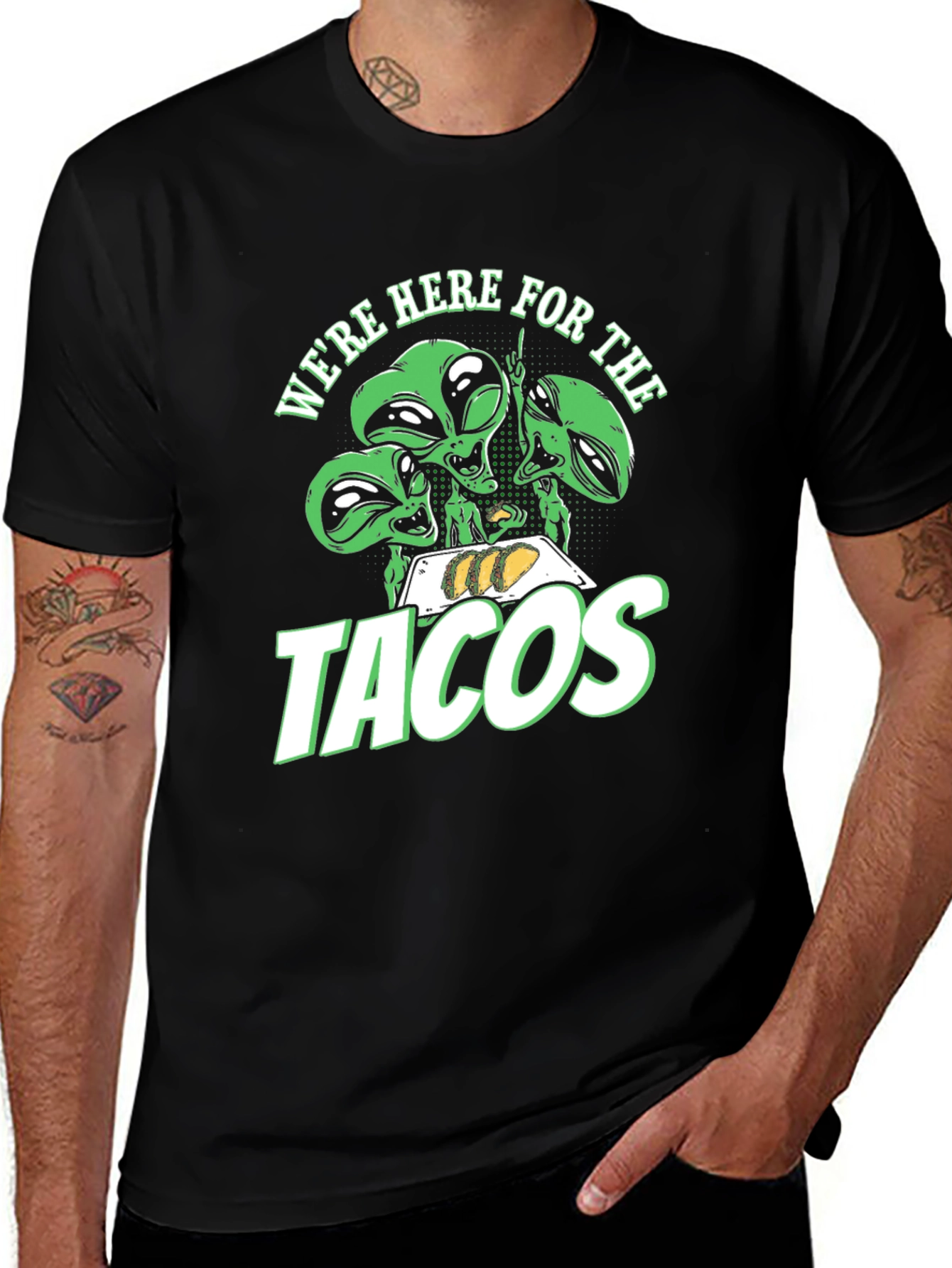 Variant 21 of Alien Tacos Graphic Tee - We're Here For The Tacos! Black T-Shirt