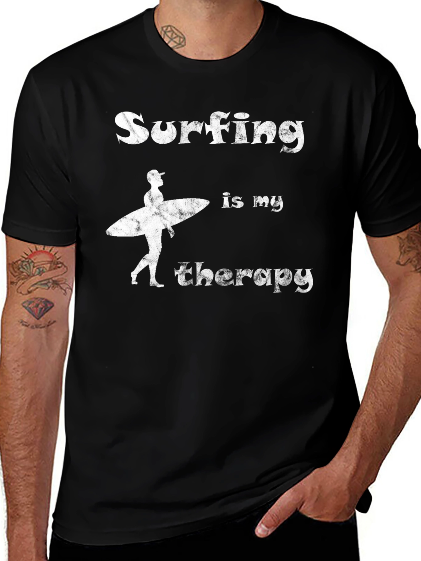 Variant 30 of Surfing is My Therapy Graphic Tee - Black Cotton T-Shirt