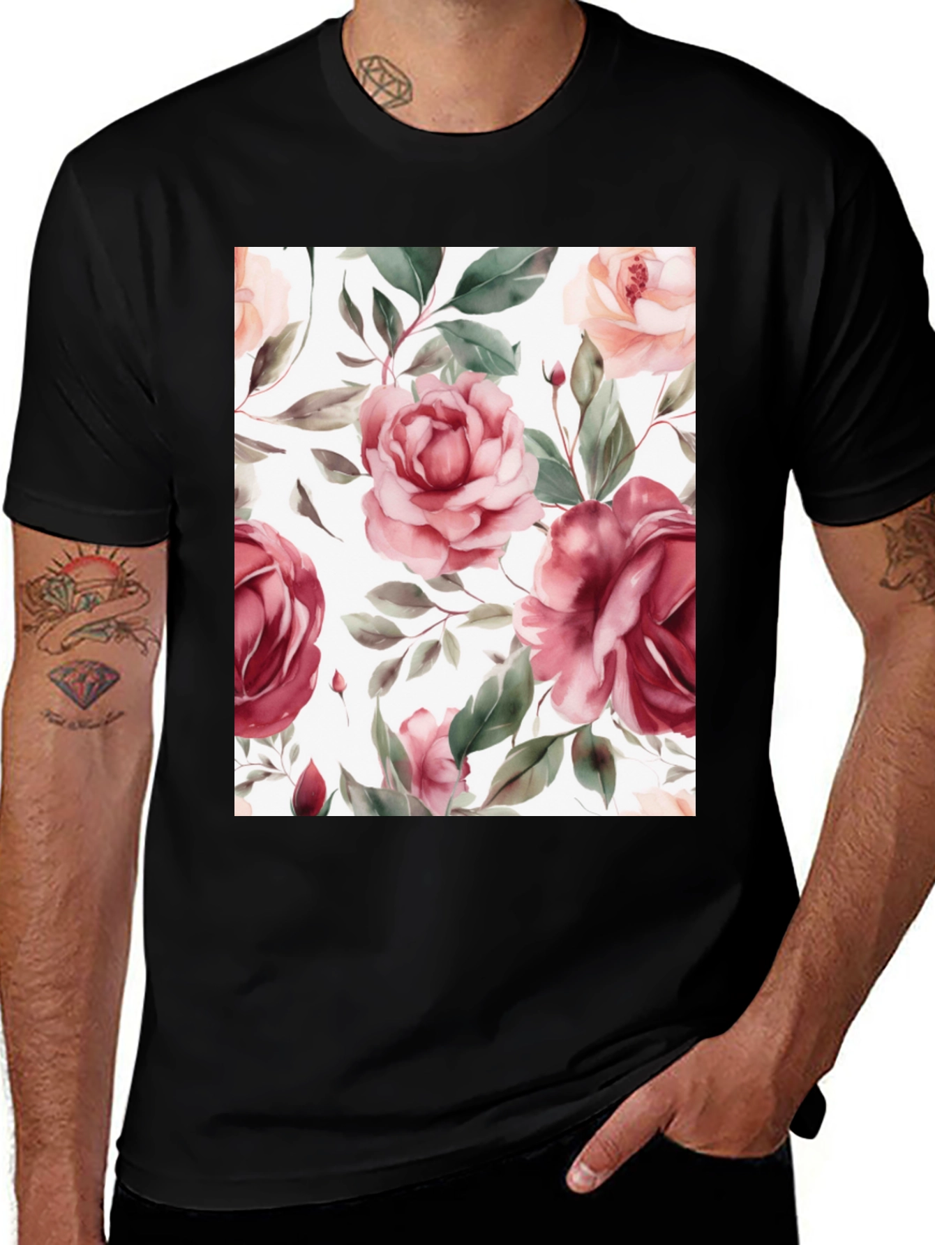Variant 2 of Floral Roses Print Black T-Shirt