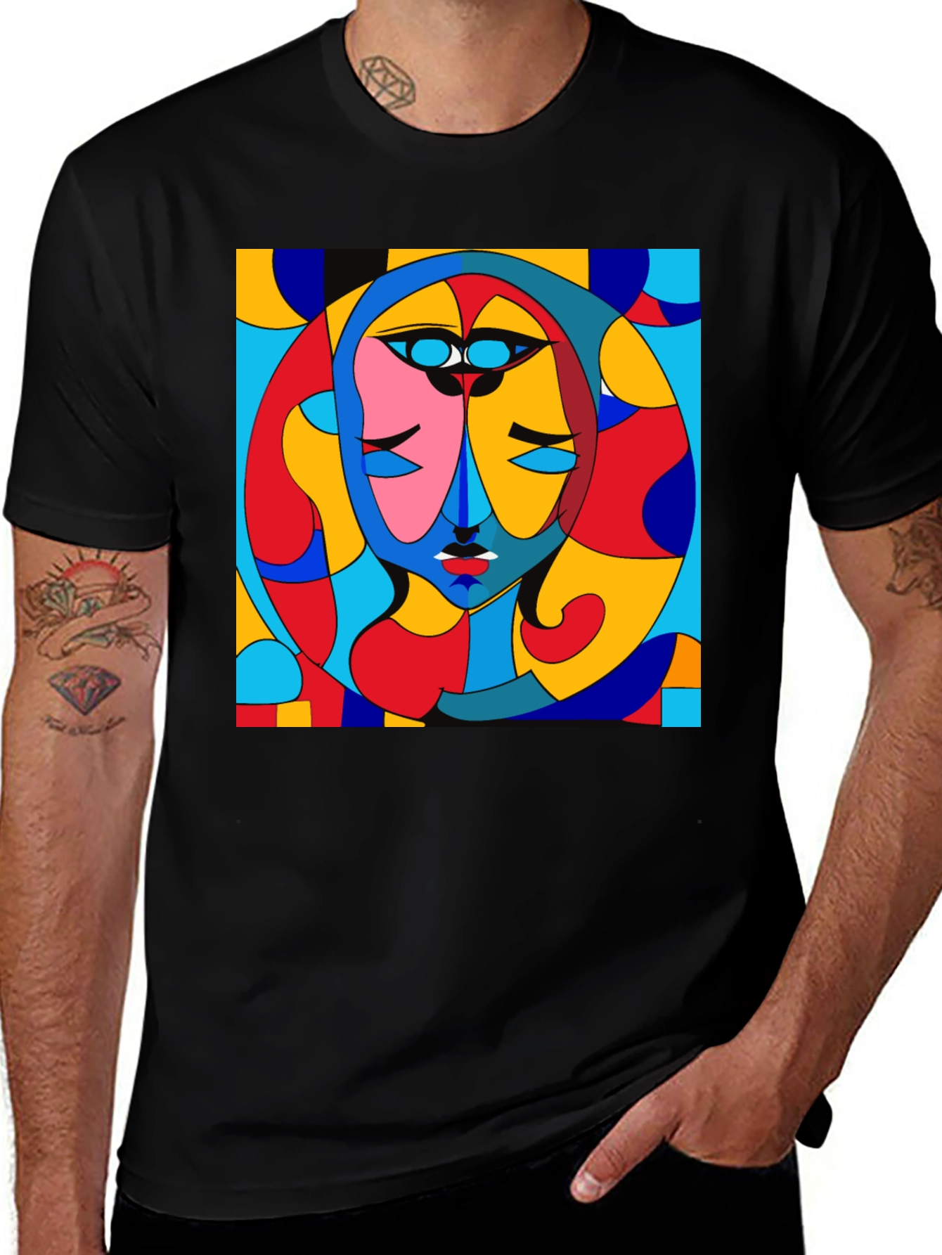 Abstract Art Face Print Black Crew Neck T-Shirt