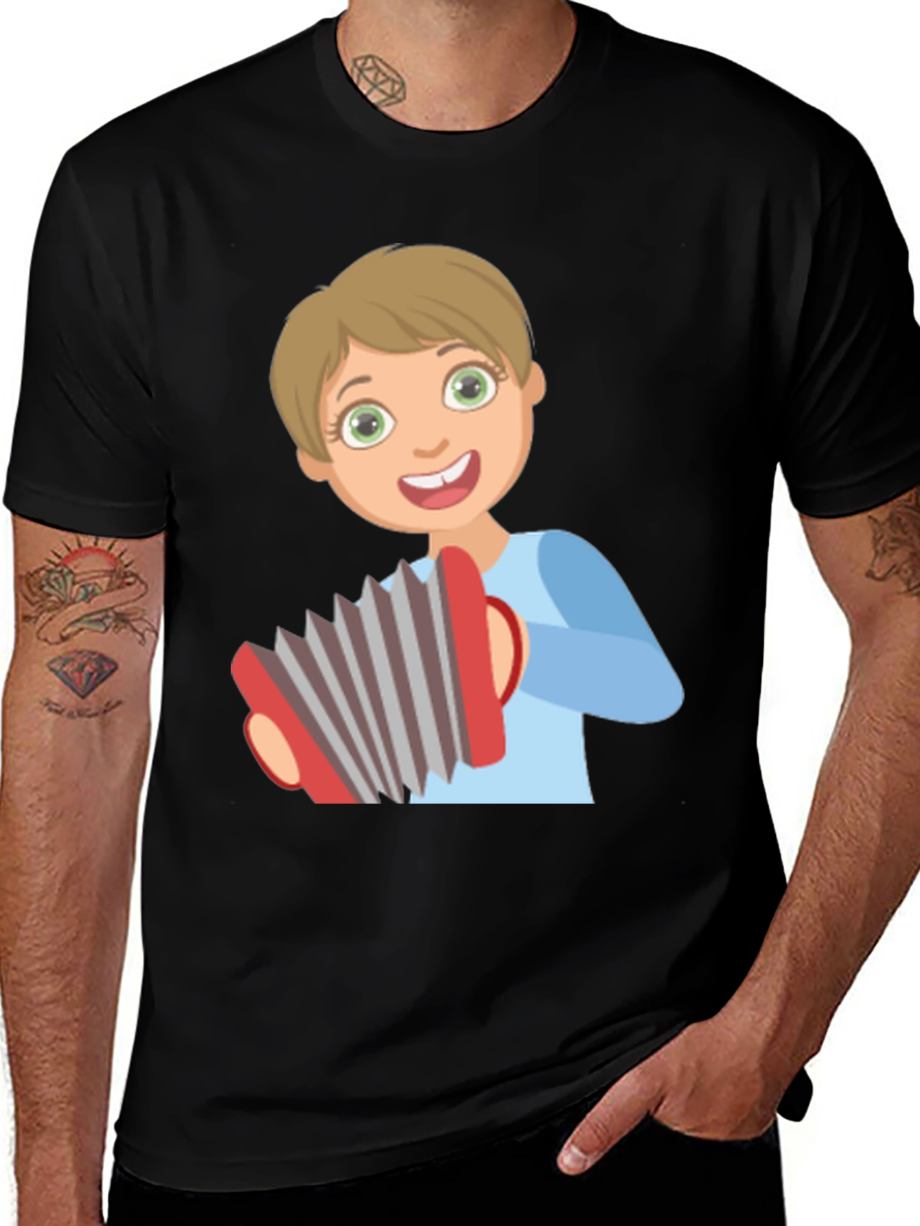 Variant 4 of Accordion Boy T-Shirt - Playful Cartoon Design
