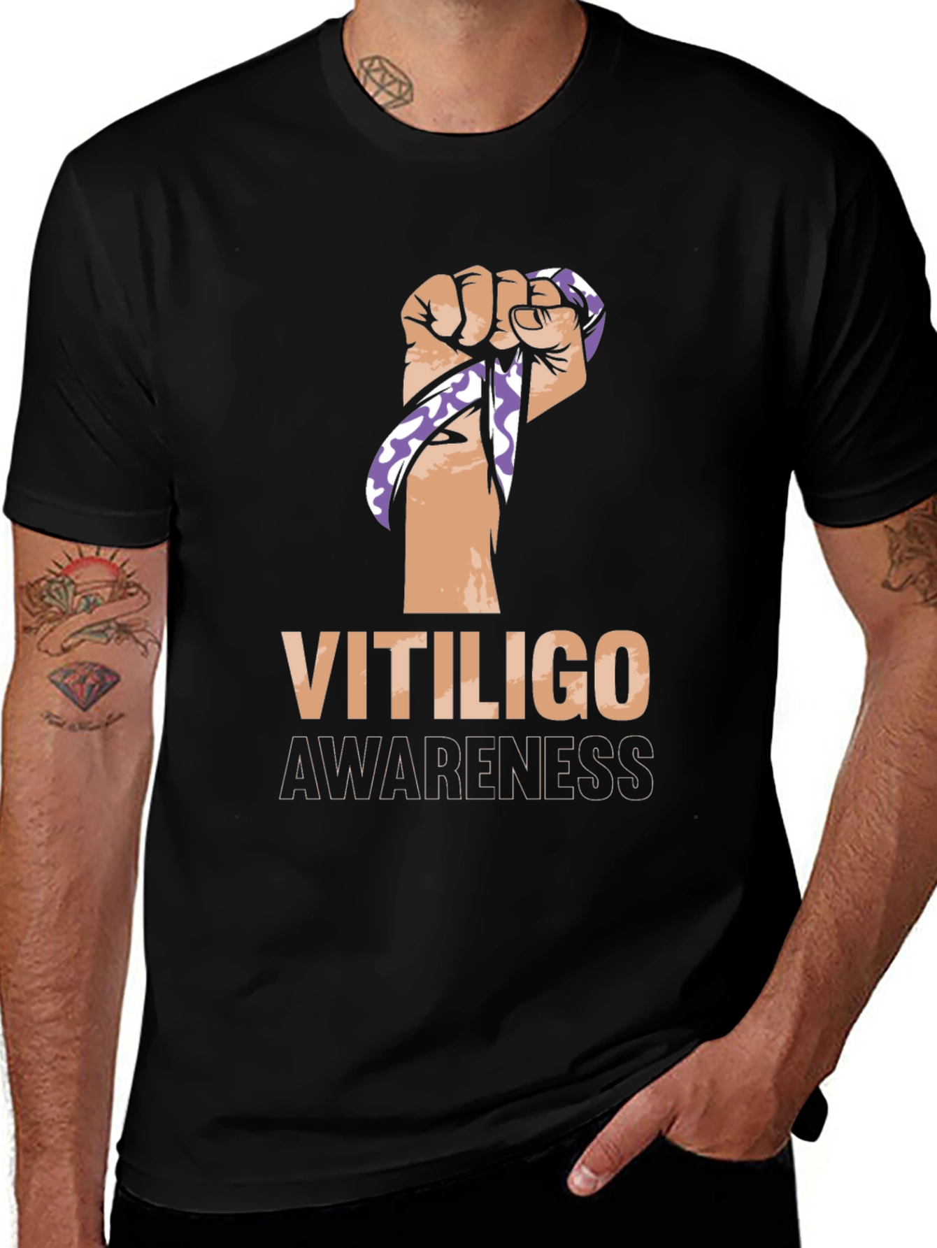 Vitiligo Awareness Ribbon Fist Black T-Shirt