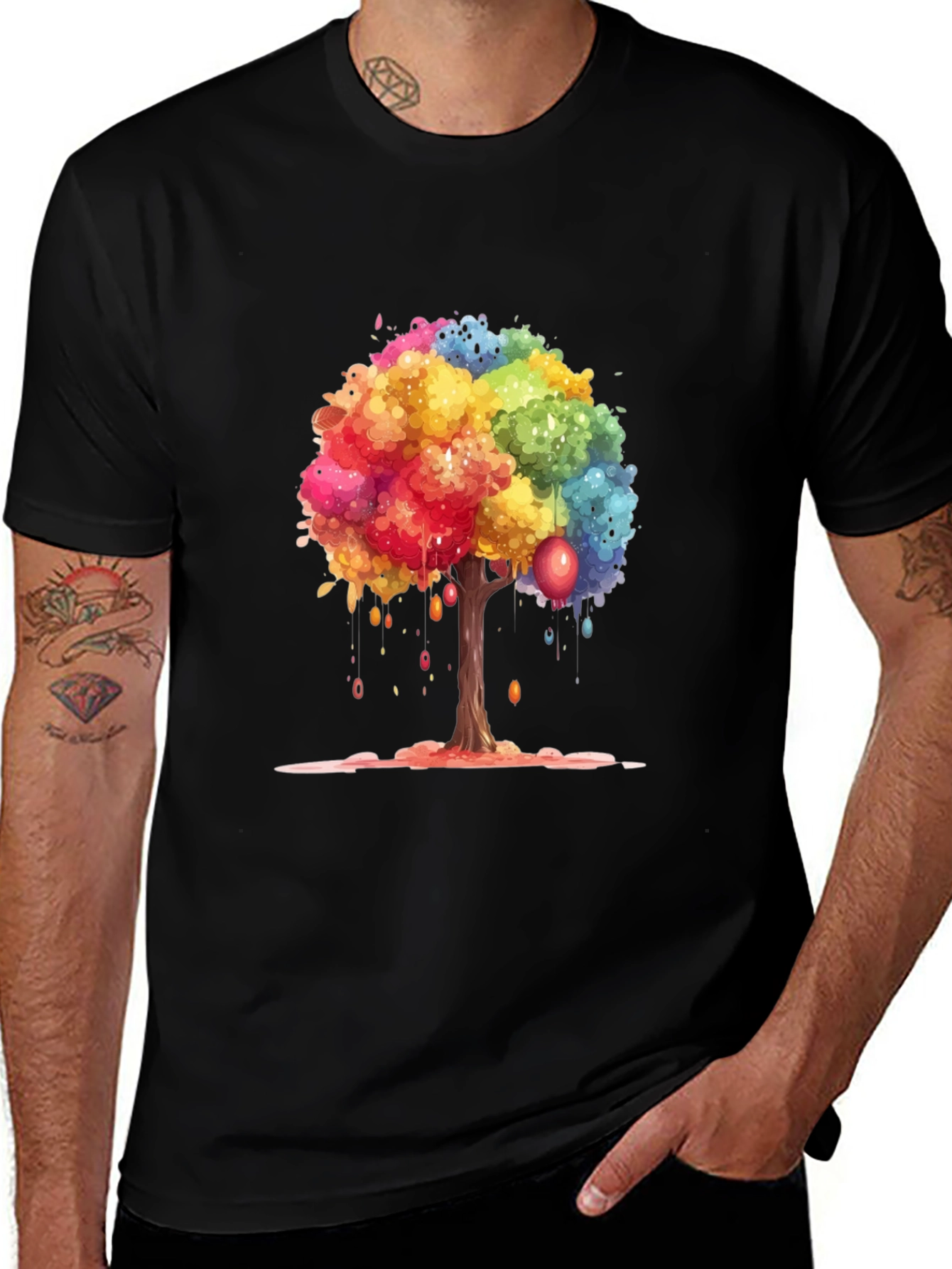 Variant 25 of Colorful Tree Graphic Tee - Black Cotton Shirt