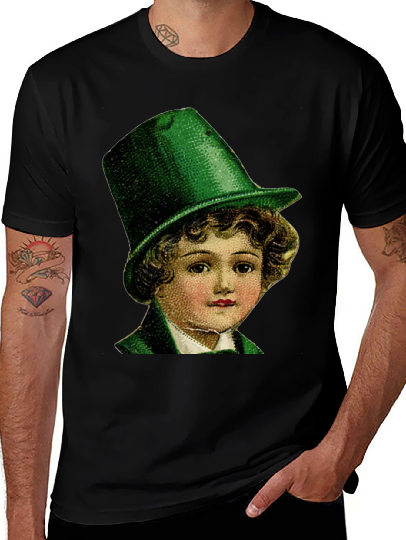 Black St. Patrick's Day Boy in Green Hat T-Shirt main image