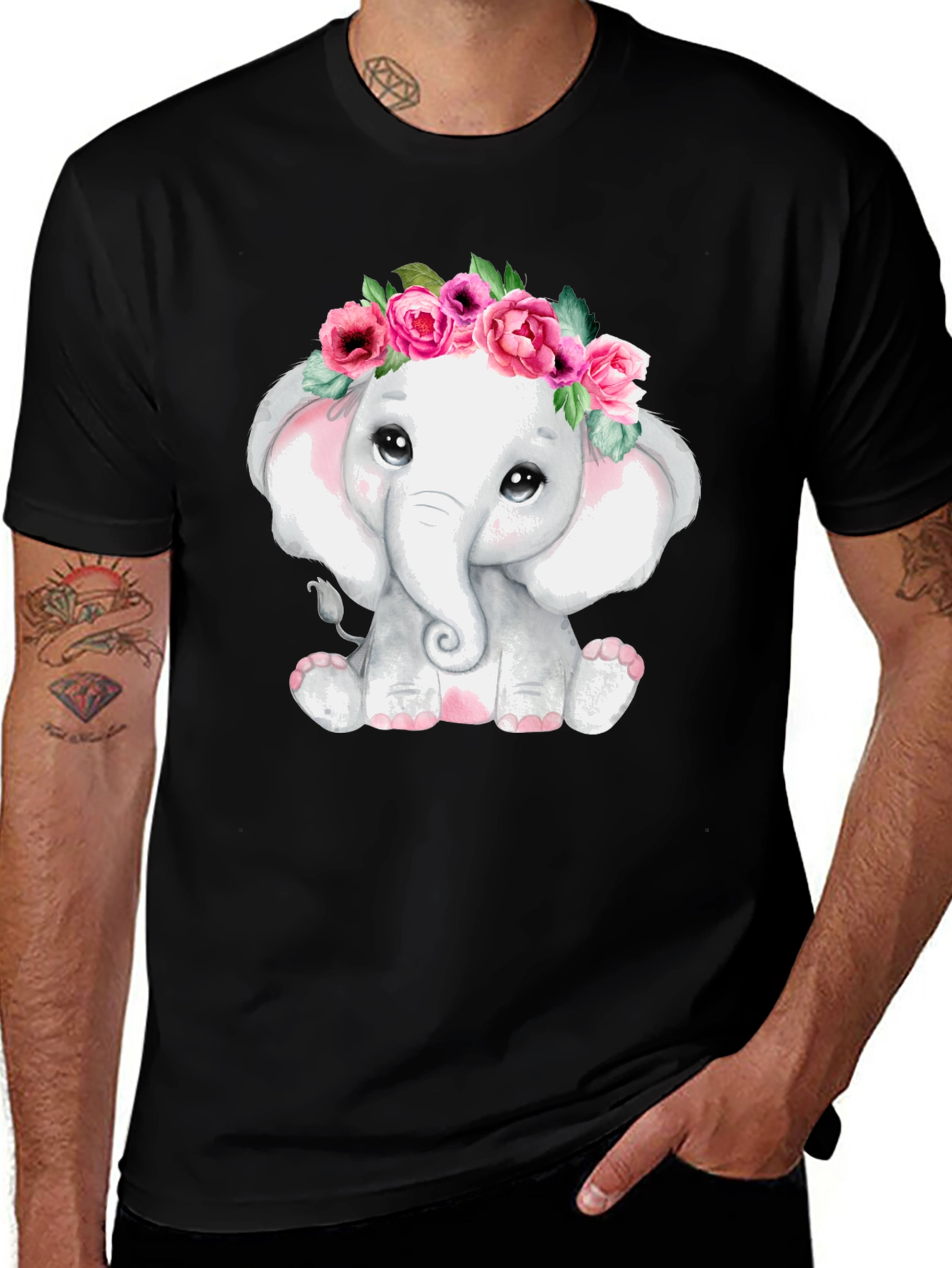 Variant 12 of Cute Elephant Flower Crown Graphic Tee - Black