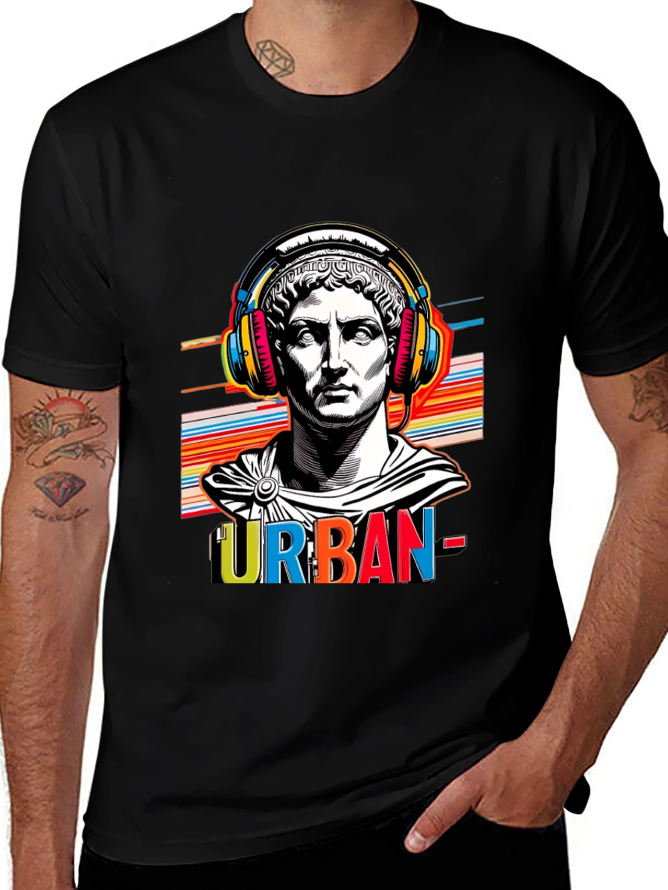 Urban Statue Tee - Bold Graphic Print Black T-Shirt