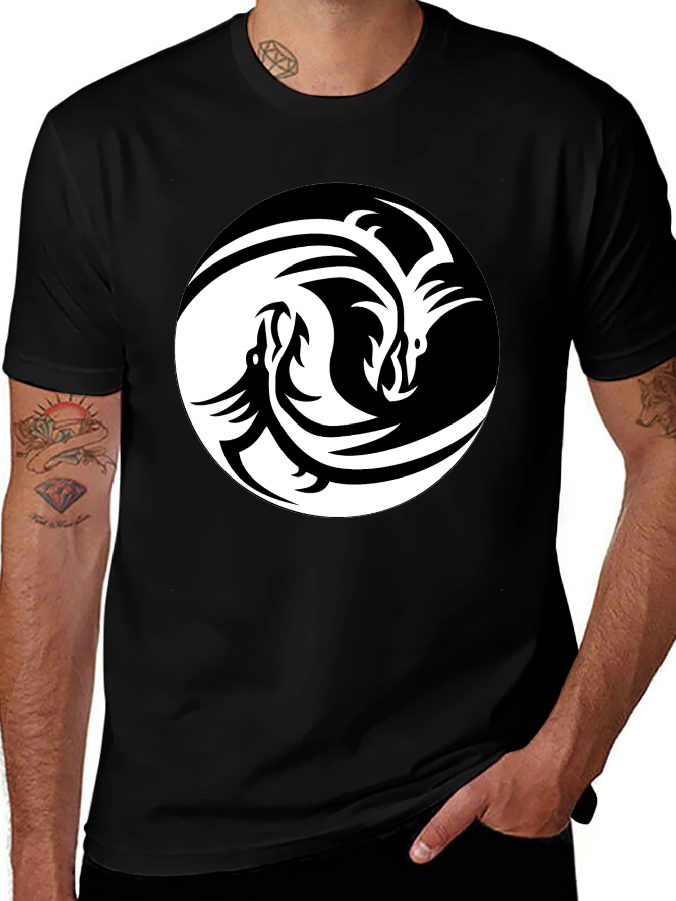 Yin Yang Dragon Graphic Black T-Shirt
