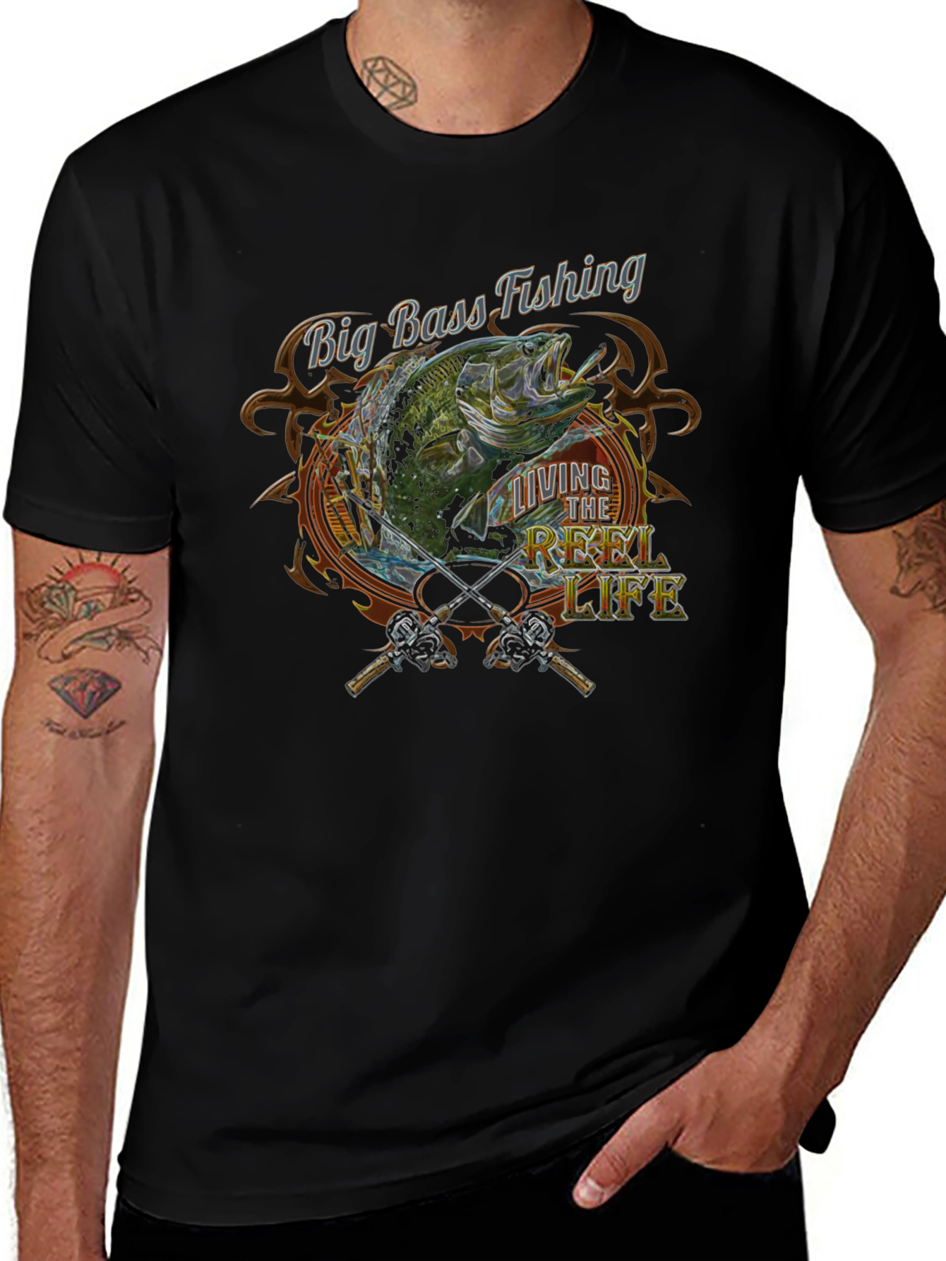 Variant 6 of Big Bass Fishing Reel Life Graphic Tee - Black