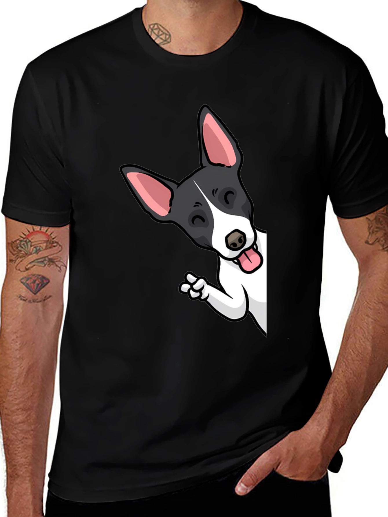 Black Cartoon Dog Peek-a-Boo Graphic Tee - Unisex Black T-Shirt main image
