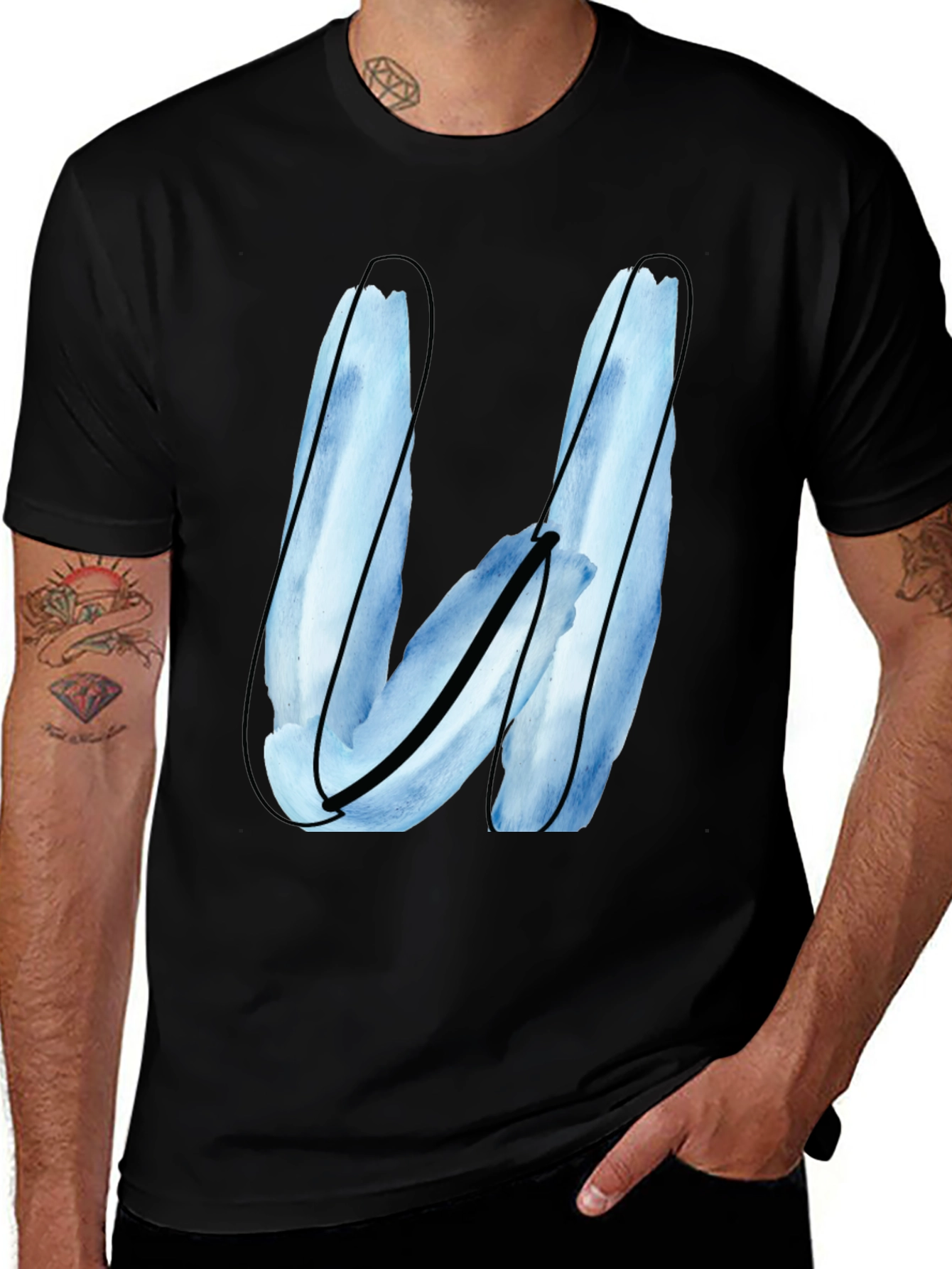 Variant 9 of Modern Blue Watercolor Letter U Black T-Shirt