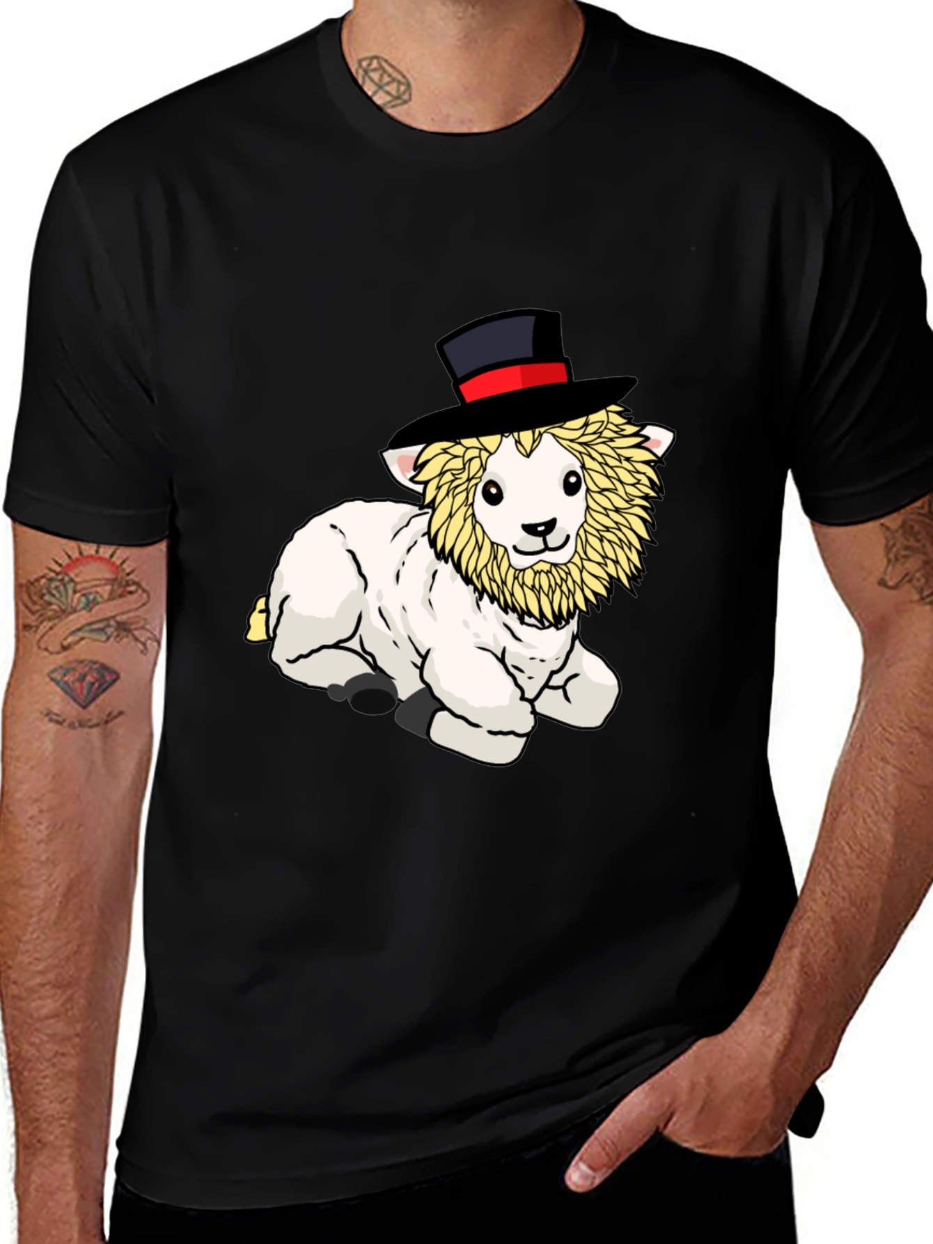 Variant 8 of Whimsical Lamb Top Hat Graphic Tee - Black Cotton Shirt