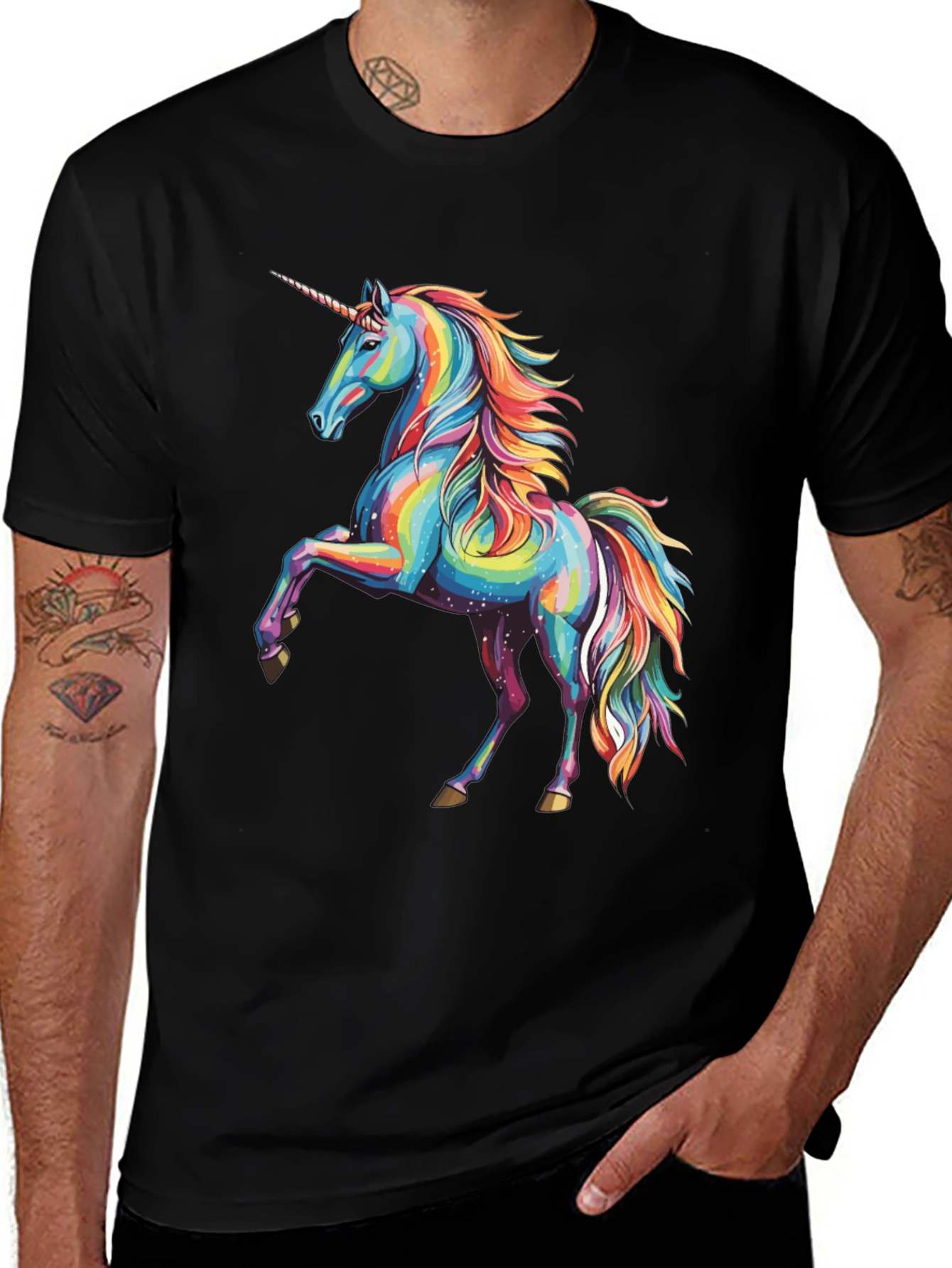 Black Rainbow Unicorn Graphic Print Crew Neck T-Shirt main image
