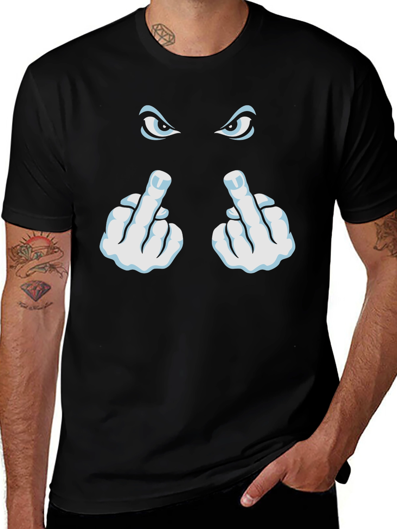 Variant 3 of Funny Rude Eyes Middle Finger Graphic Black T-Shirt