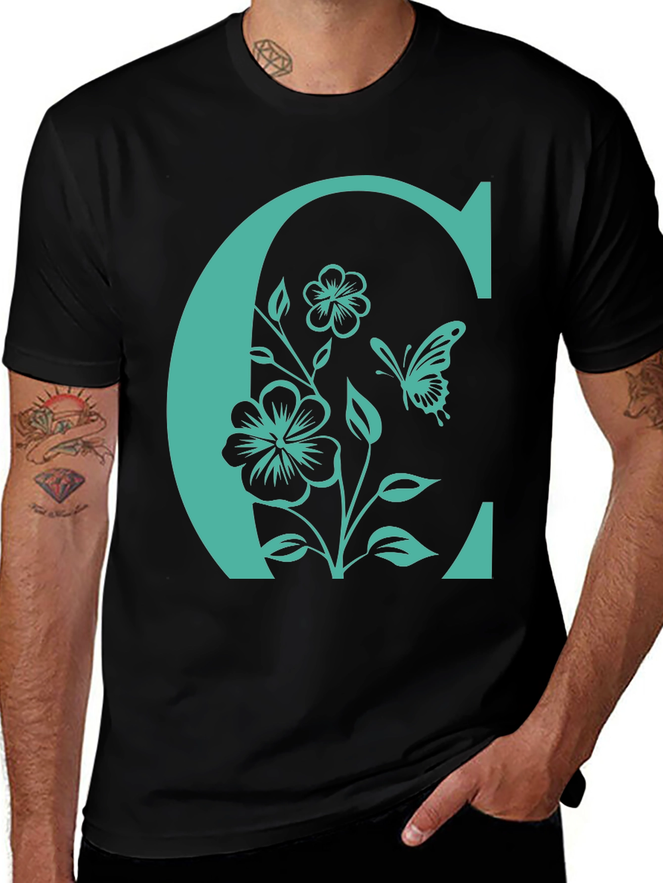 Variant 12 of Letter C Floral Graphic Tee - Black Cotton T-Shirt