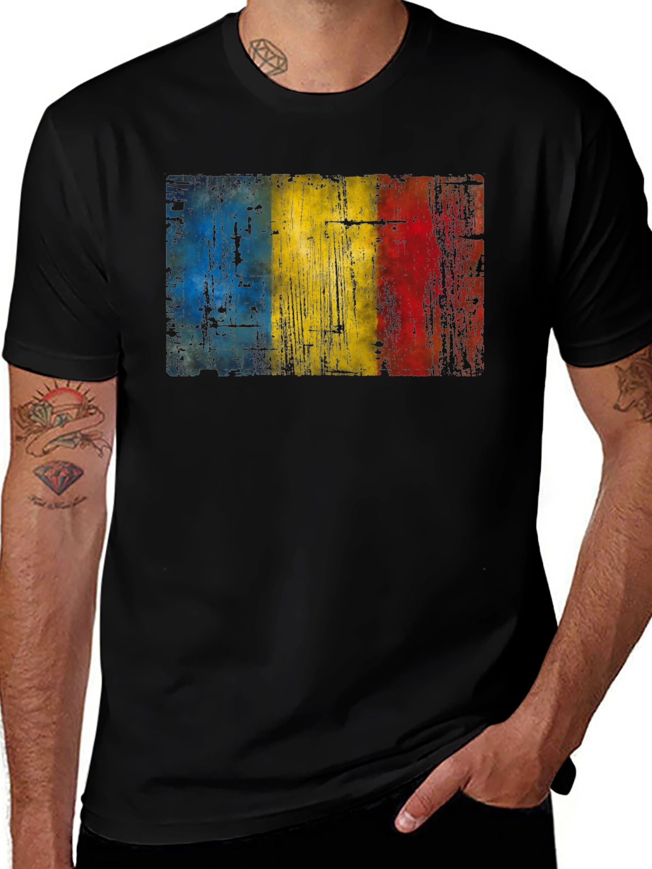 Variant 23 of Romania Flag Distressed Black T-Shirt