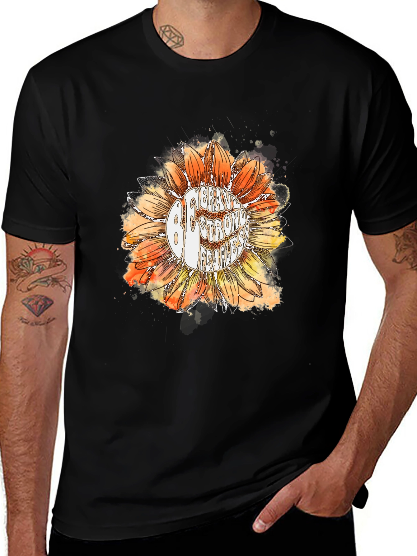 Variant 4 of Be Brave Sunflower Graphic Tee - Black Cotton T-Shirt