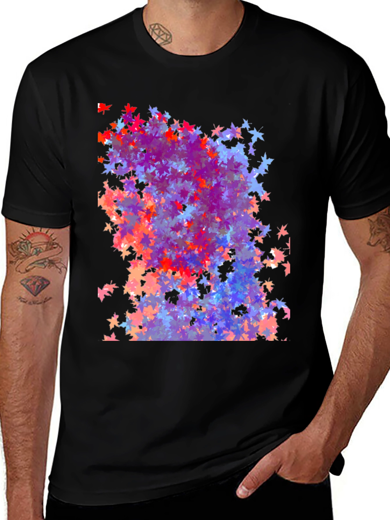 Variant 19 of Colorful Maple Leaf Print Black T-Shirt