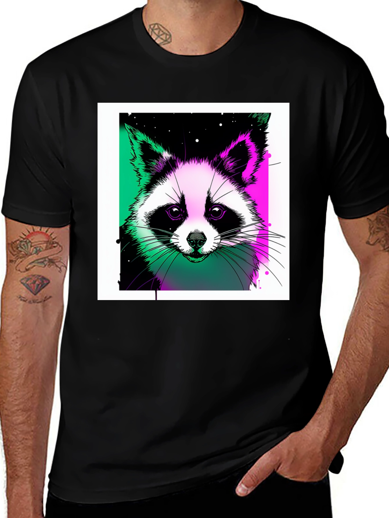 Variant 19 of Raccoon Graphic Black T-Shirt - Vivid Neon Design