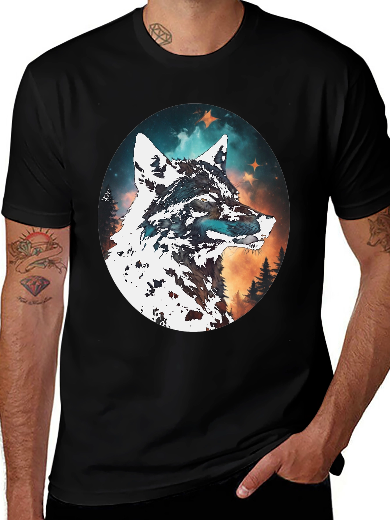 Variant 4 of Wolf Galaxy Graphic Tee - Black Cotton Blend T-Shirt