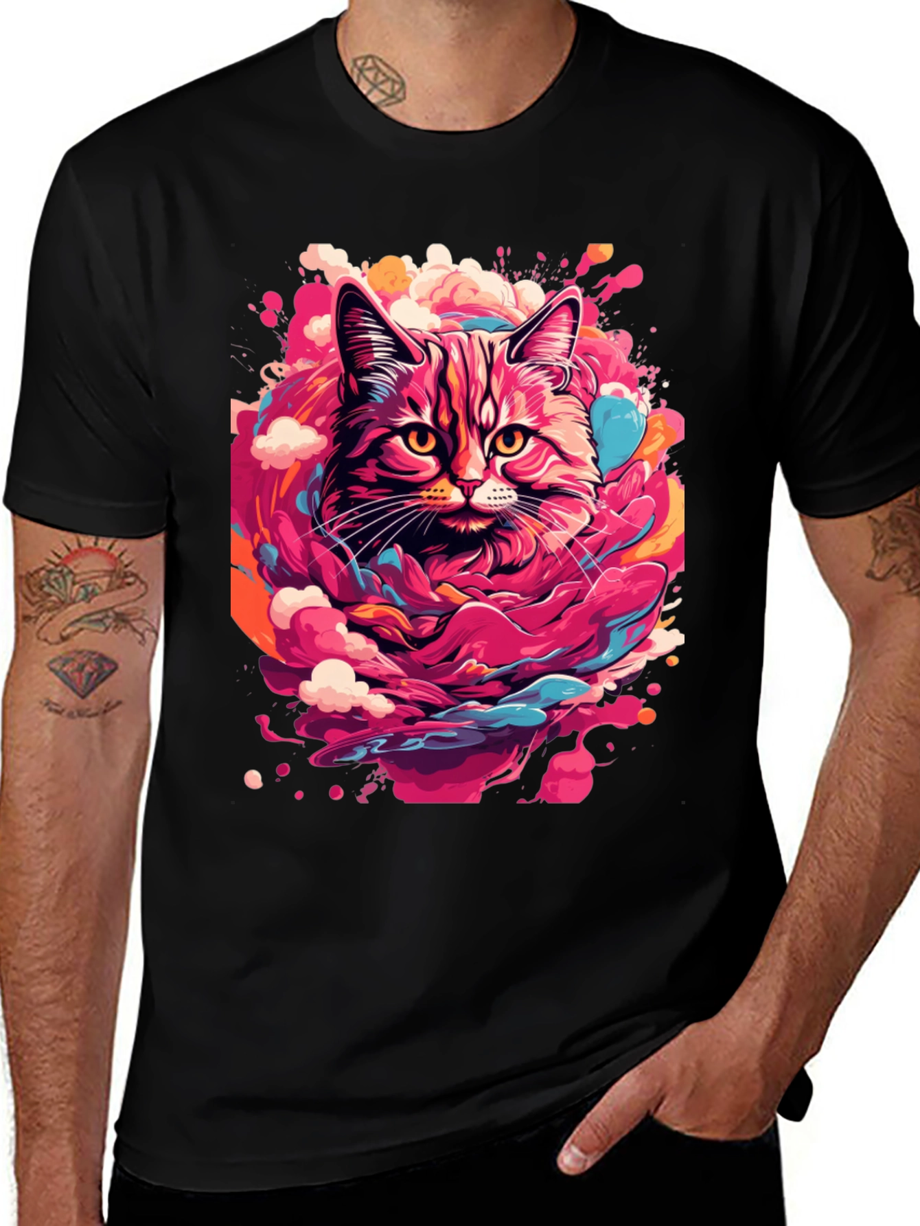 Variant 29 of Colorful Cat Graphic Black T-Shirt