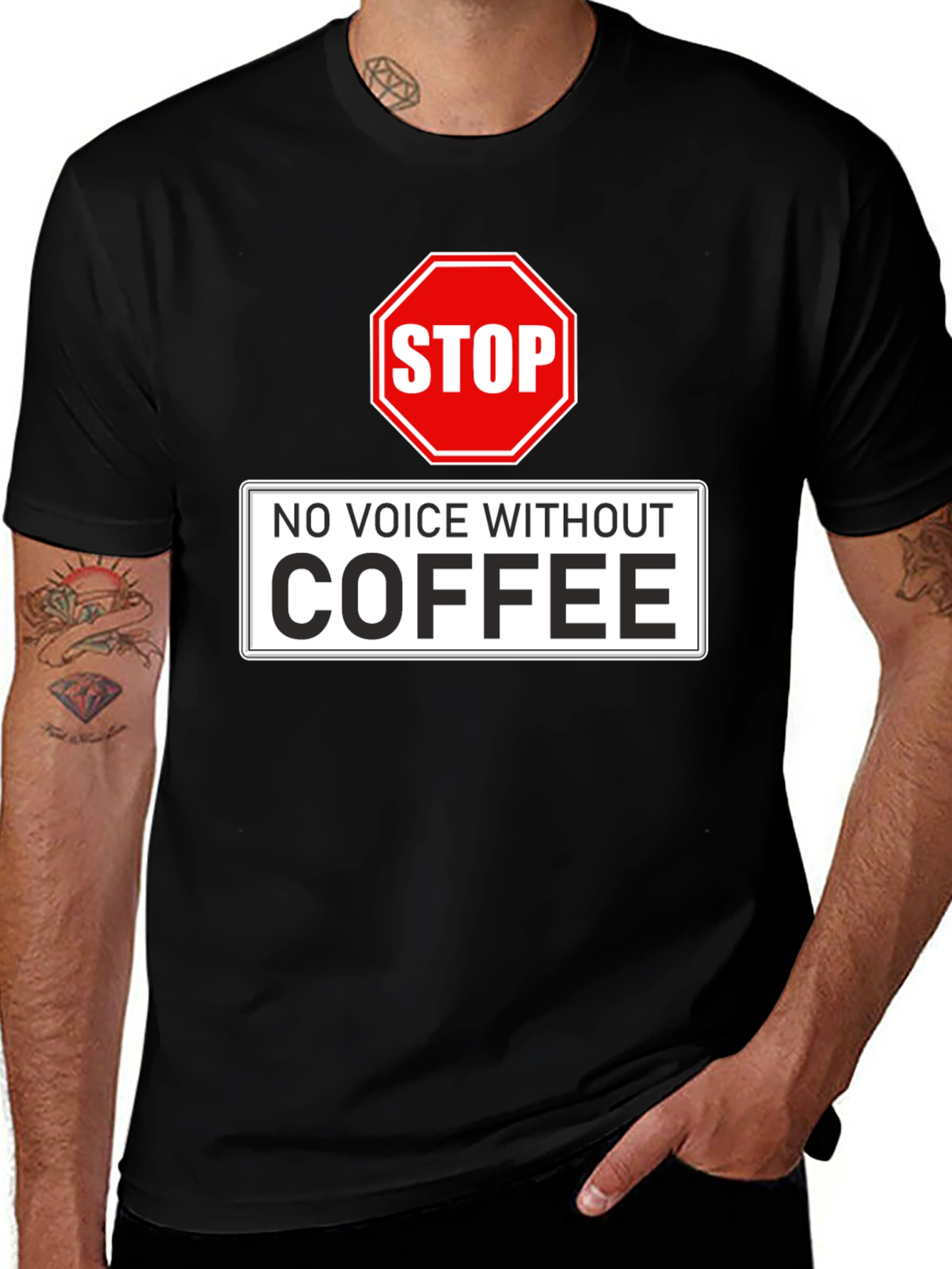 Variant 7 of Coffee Addict Tee - "No Voice Without Coffee" Black T-Shirt