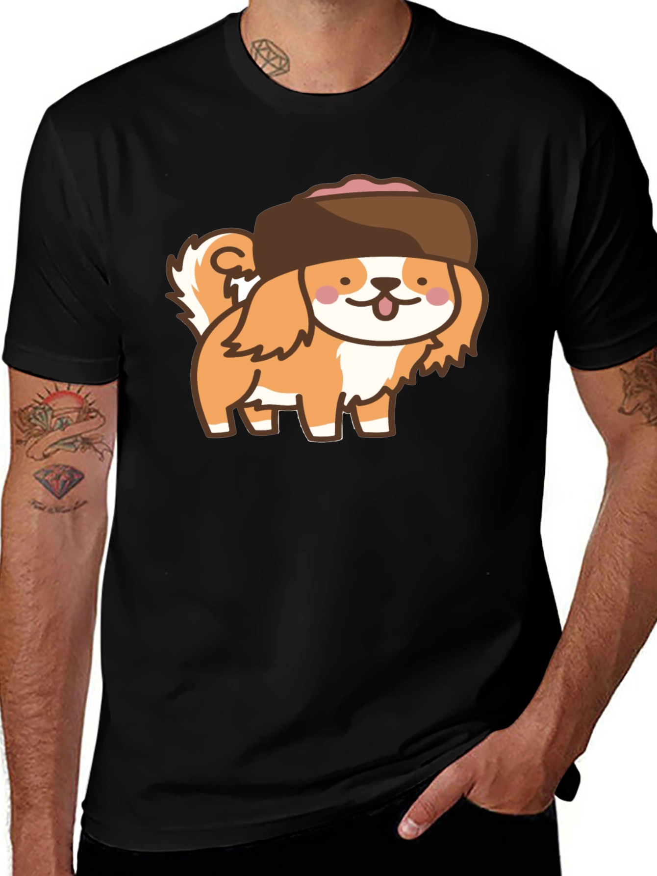 Variant 25 of Kawaii Dog in Hat T-Shirt - Black Cotton Tee