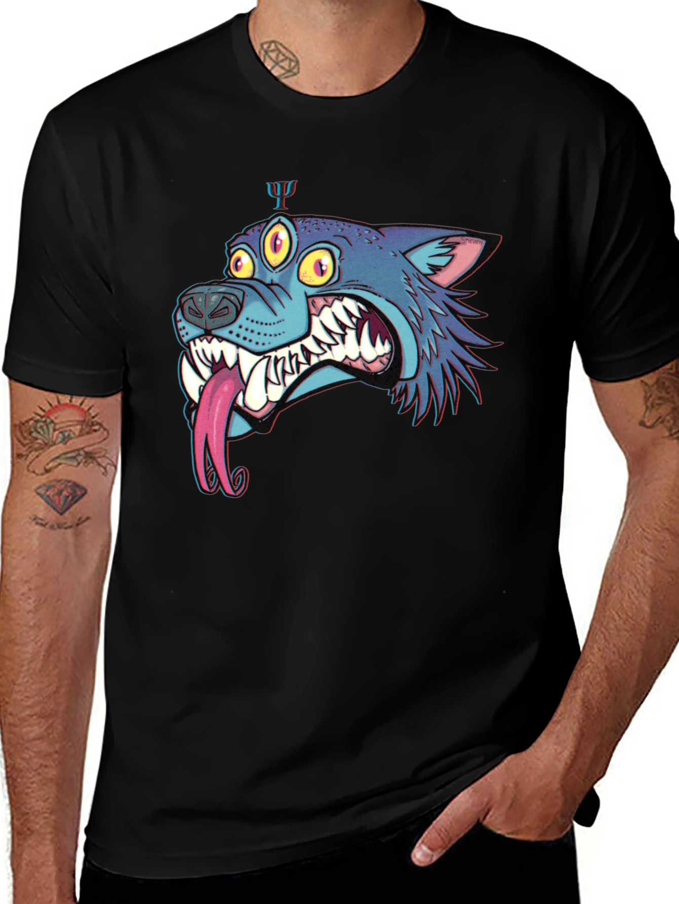 Variant 19 of Men's Black Graphic Tee - Three-Eyed Monster Wolf