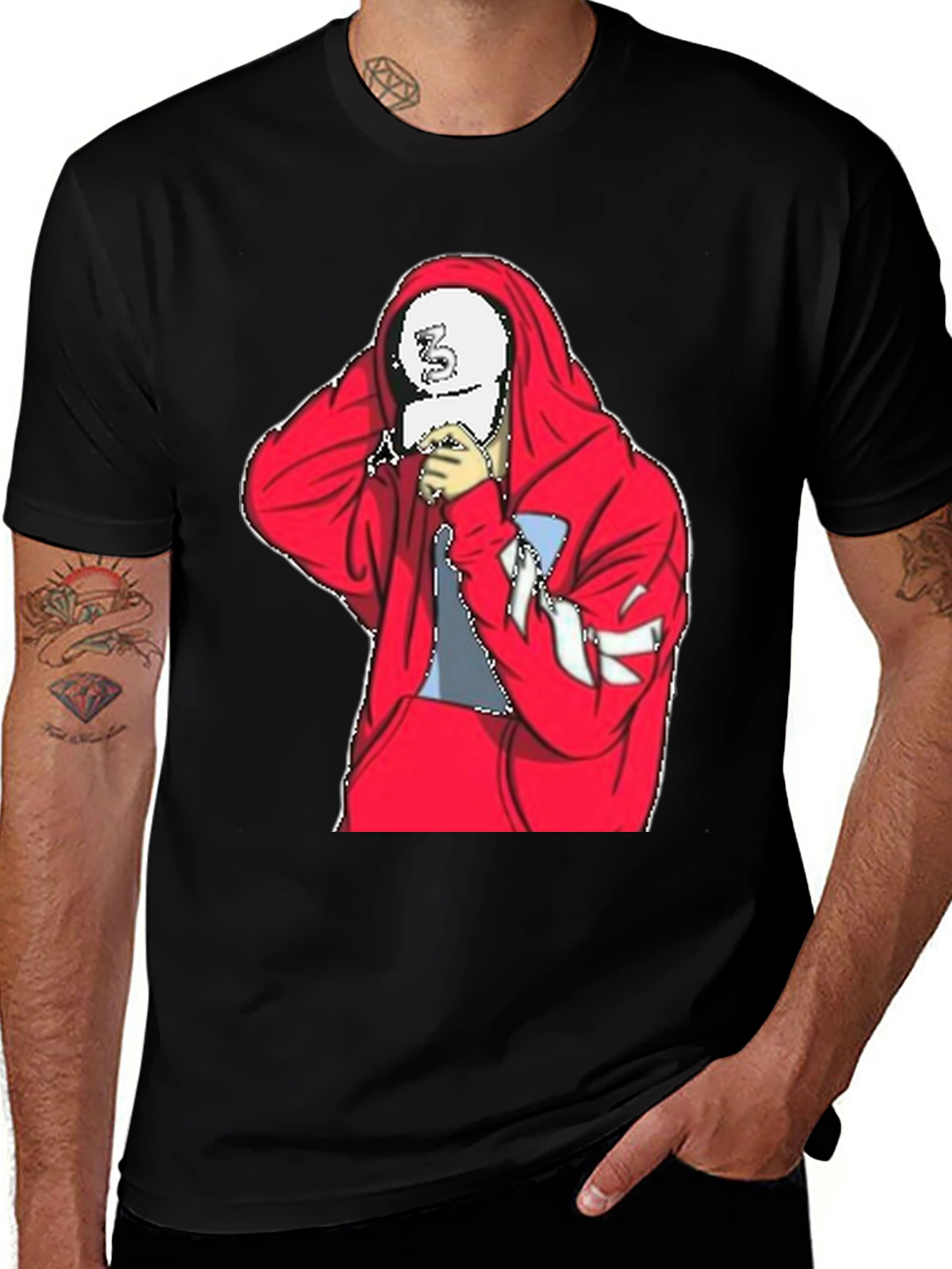 Variant 20 of Men's Black T-Shirt with Red Hoodie Graphic