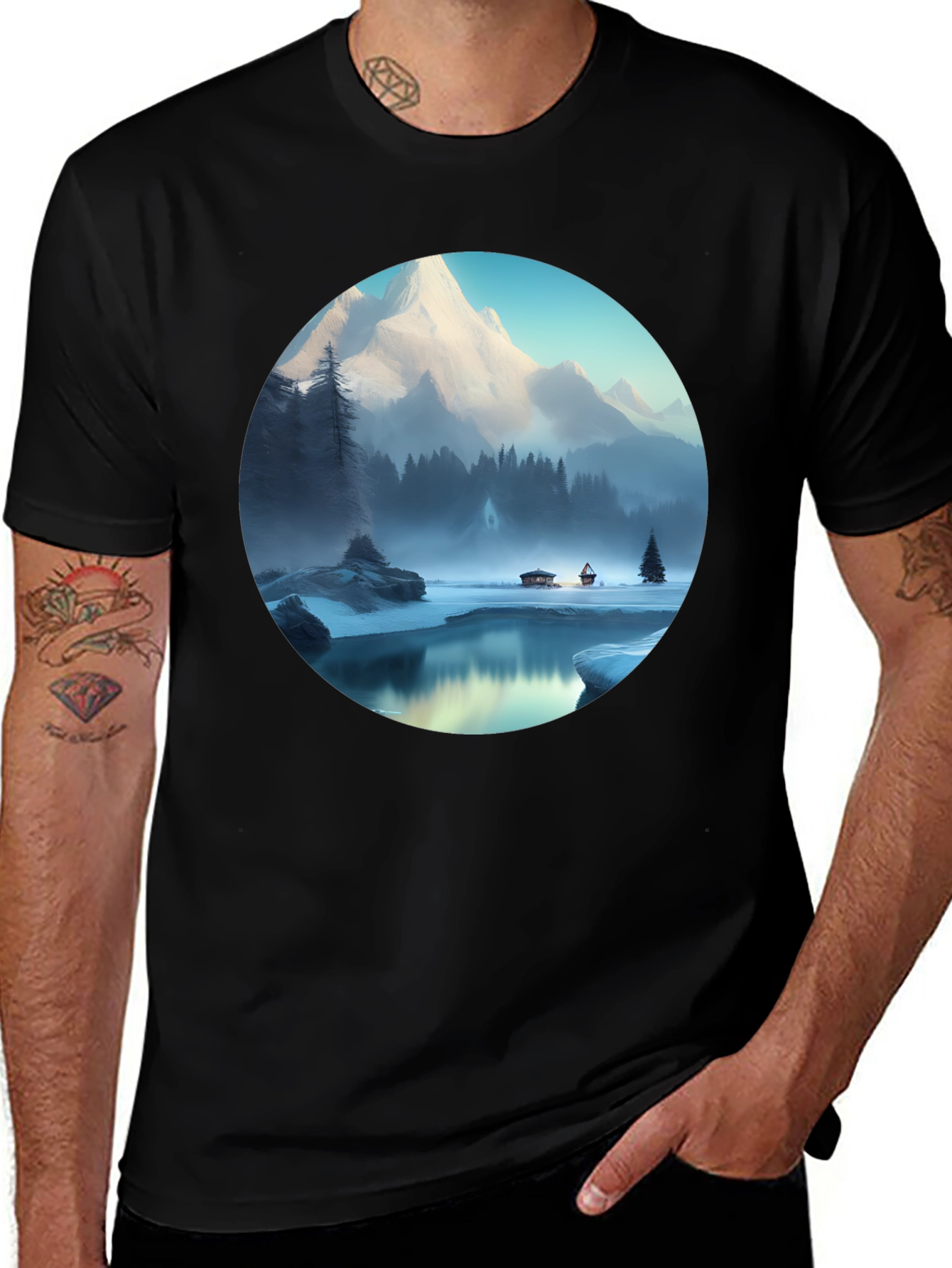 Variant 20 of Mountain Lake Graphic Tee - Black Cotton Blend T-Shirt