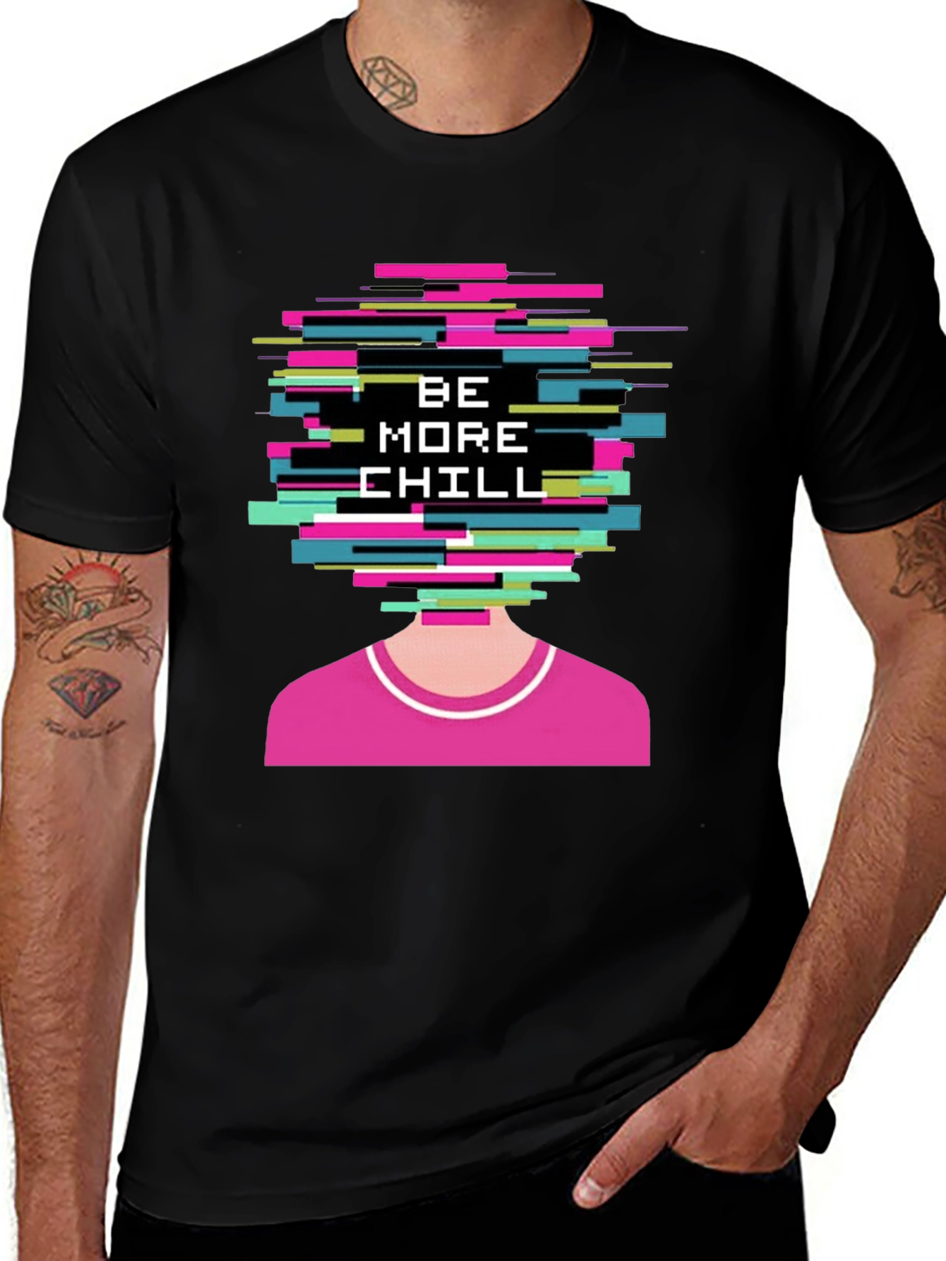 Variant 20 of Be More Chill Graphic Tee - Pixelated Head Design