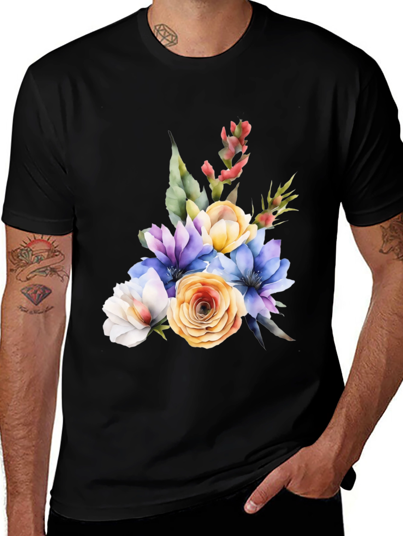 Variant 13 of Floral Bouquet Graphic Black T-Shirt