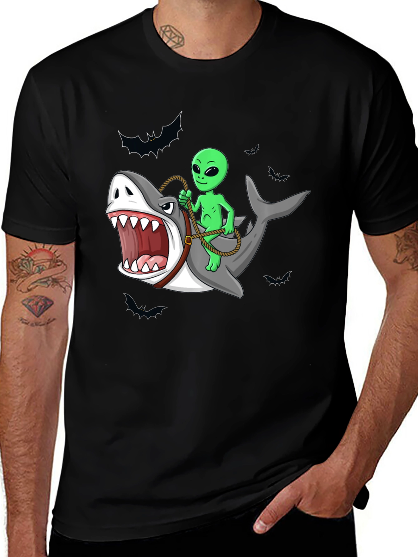 Variant 9 of Alien Riding Shark Funny Graphic Tee