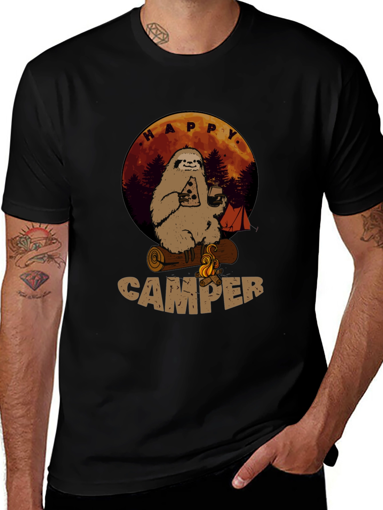 Variant 27 of Happy Camper Sloth Graphic T-Shirt - Black