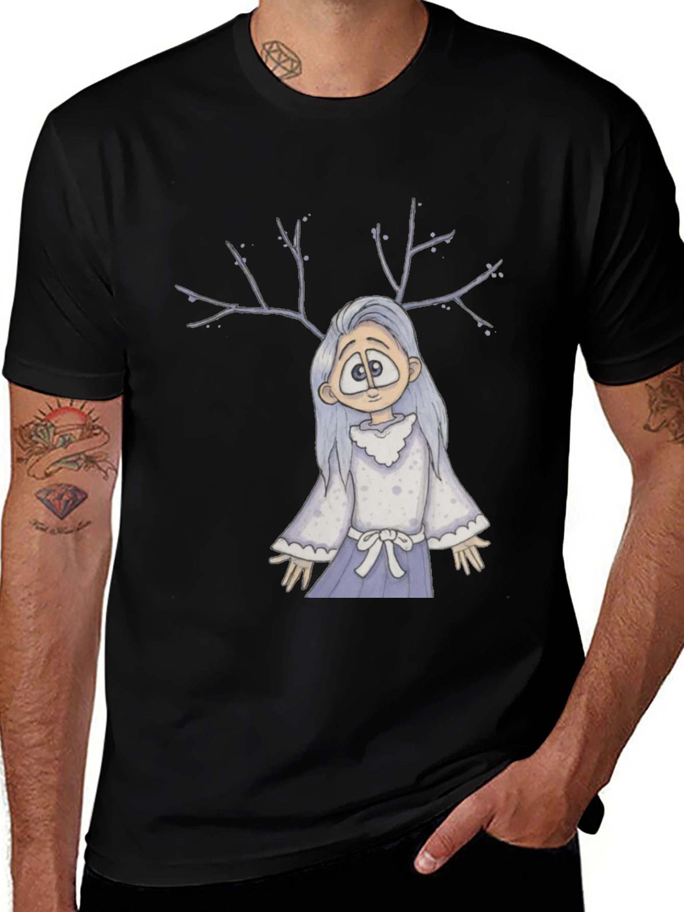 Variant 19 of Whimsical Antler Girl Black T-Shirt