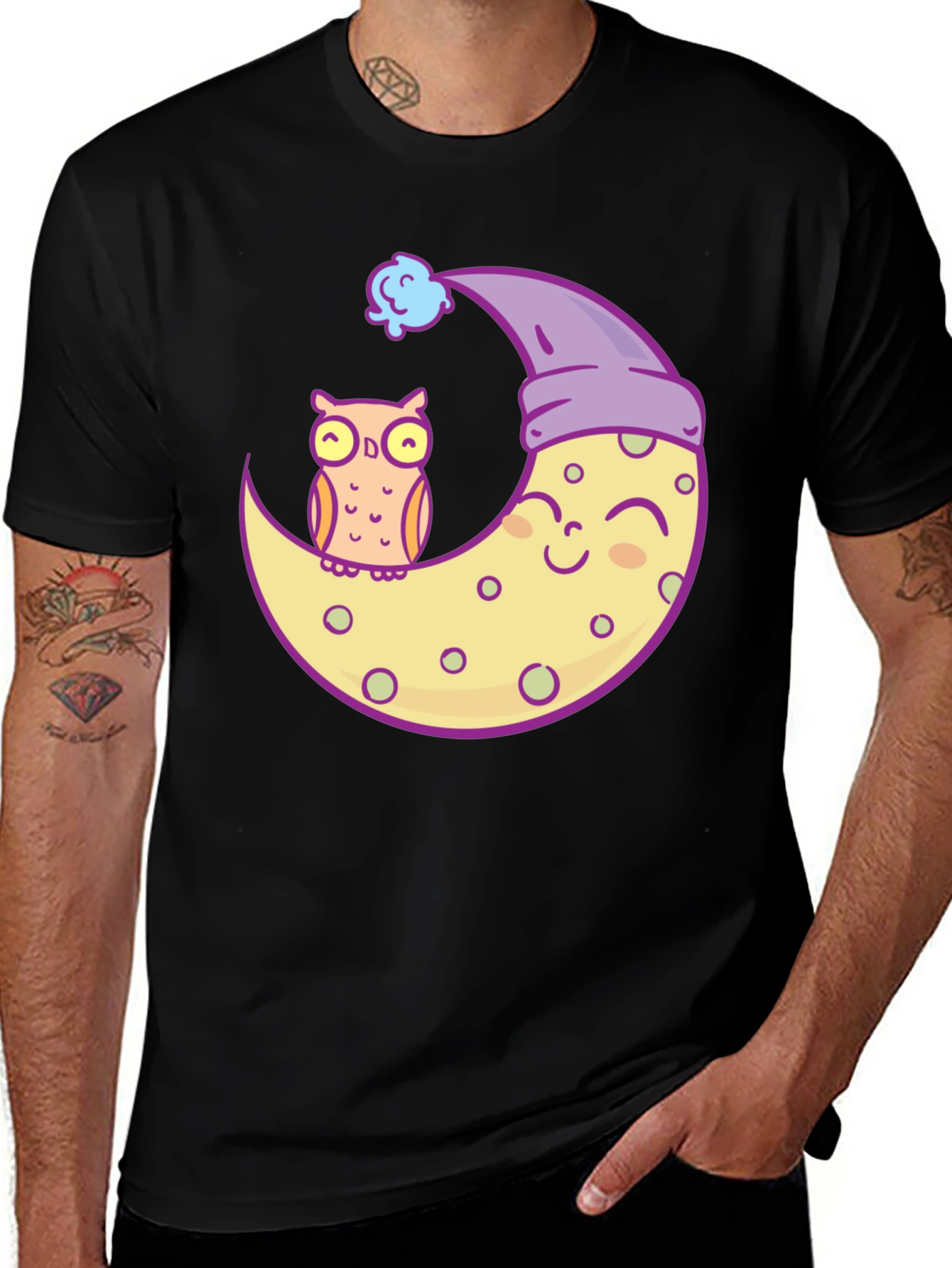 Variant 22 of Owl and Moon Graphic Tee - Black Cotton T-Shirt