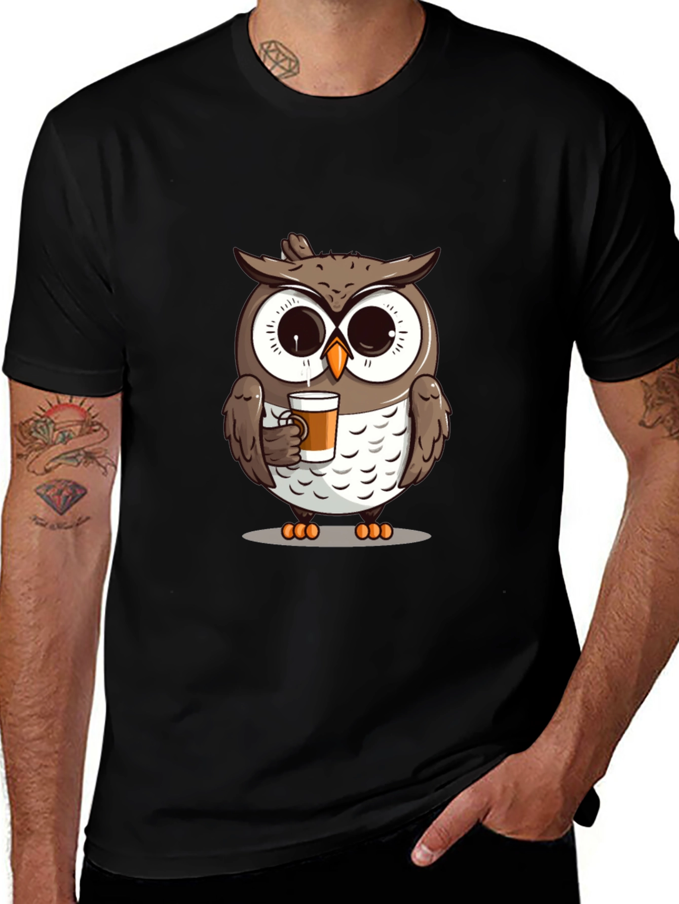 Variant 30 of Owl Drinking Coffee T-Shirt - Black