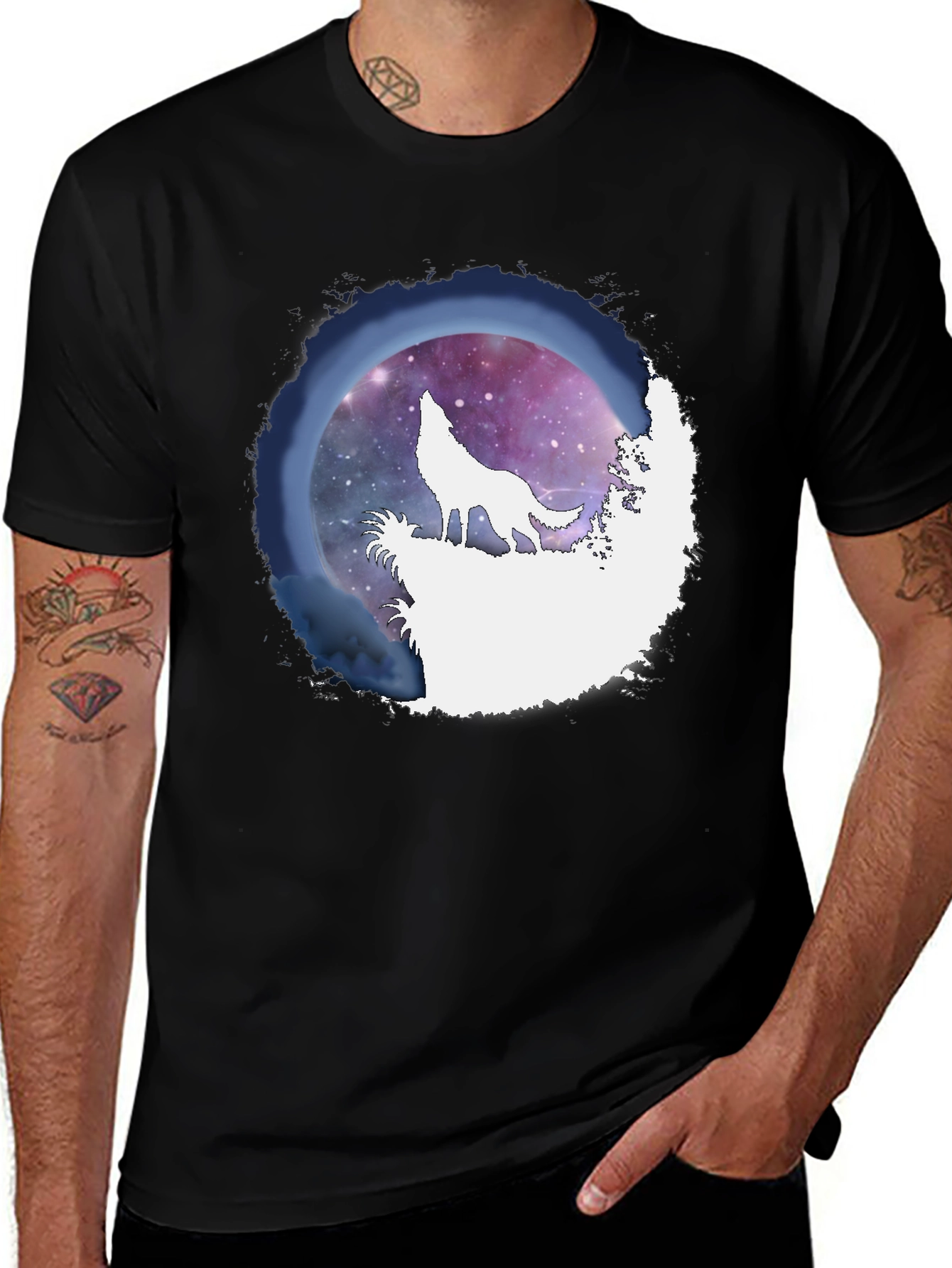 Variant 19 of Wolf Howl Galaxy Print Black T-Shirt